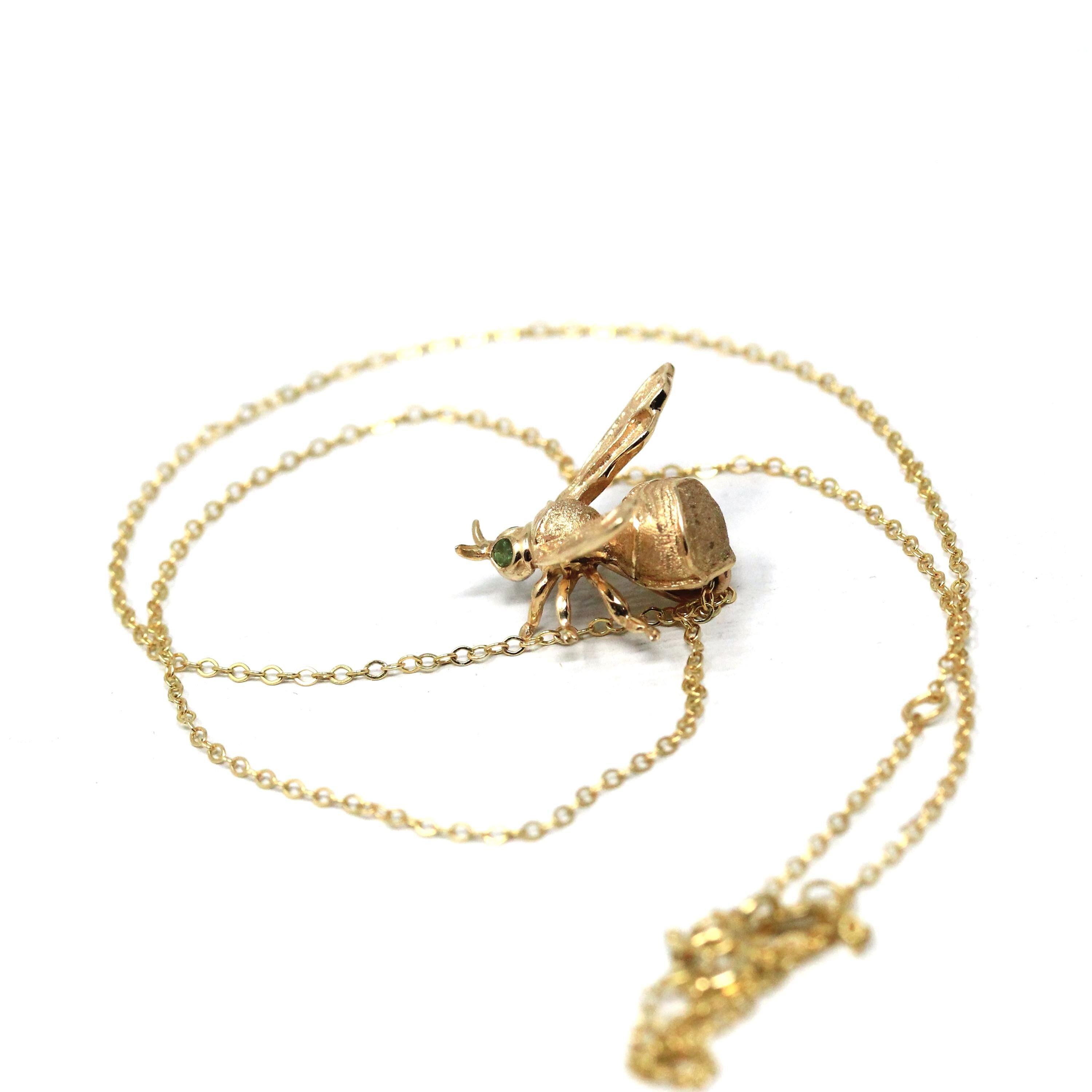 Modern Bee Charm - 14k Yellow Gold Green Tourmaline Pin Conversion Pendant Necklace - Vintage 1980s Figural Bug Fine Statement Jewelry