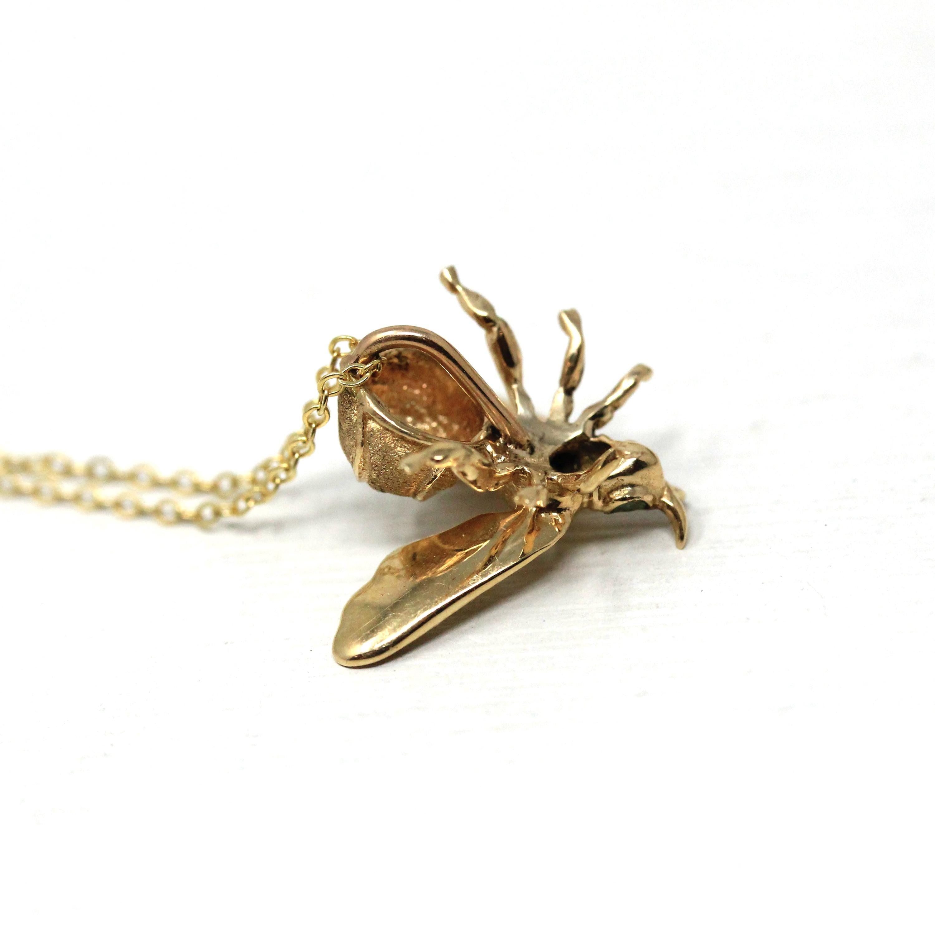 Modern Bee Charm - 14k Yellow Gold Green Tourmaline Pin Conversion Pendant Necklace - Vintage 1980s Figural Bug Fine Statement Jewelry