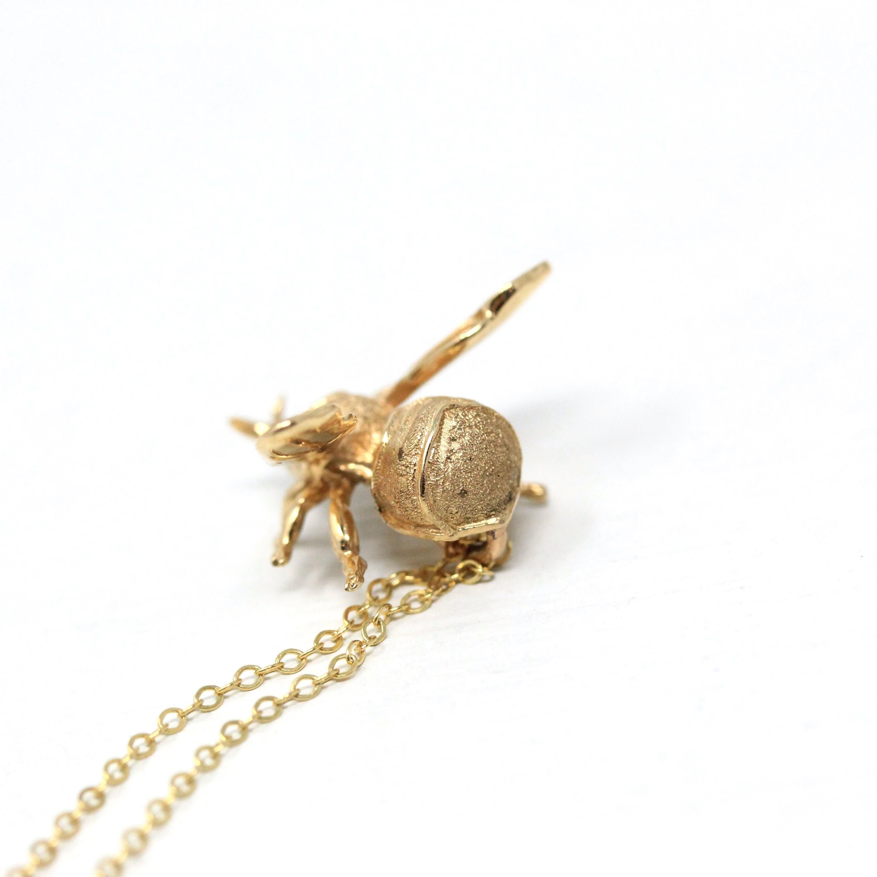 Modern Bee Charm - 14k Yellow Gold Green Tourmaline Pin Conversion Pendant Necklace - Vintage 1980s Figural Bug Fine Statement Jewelry