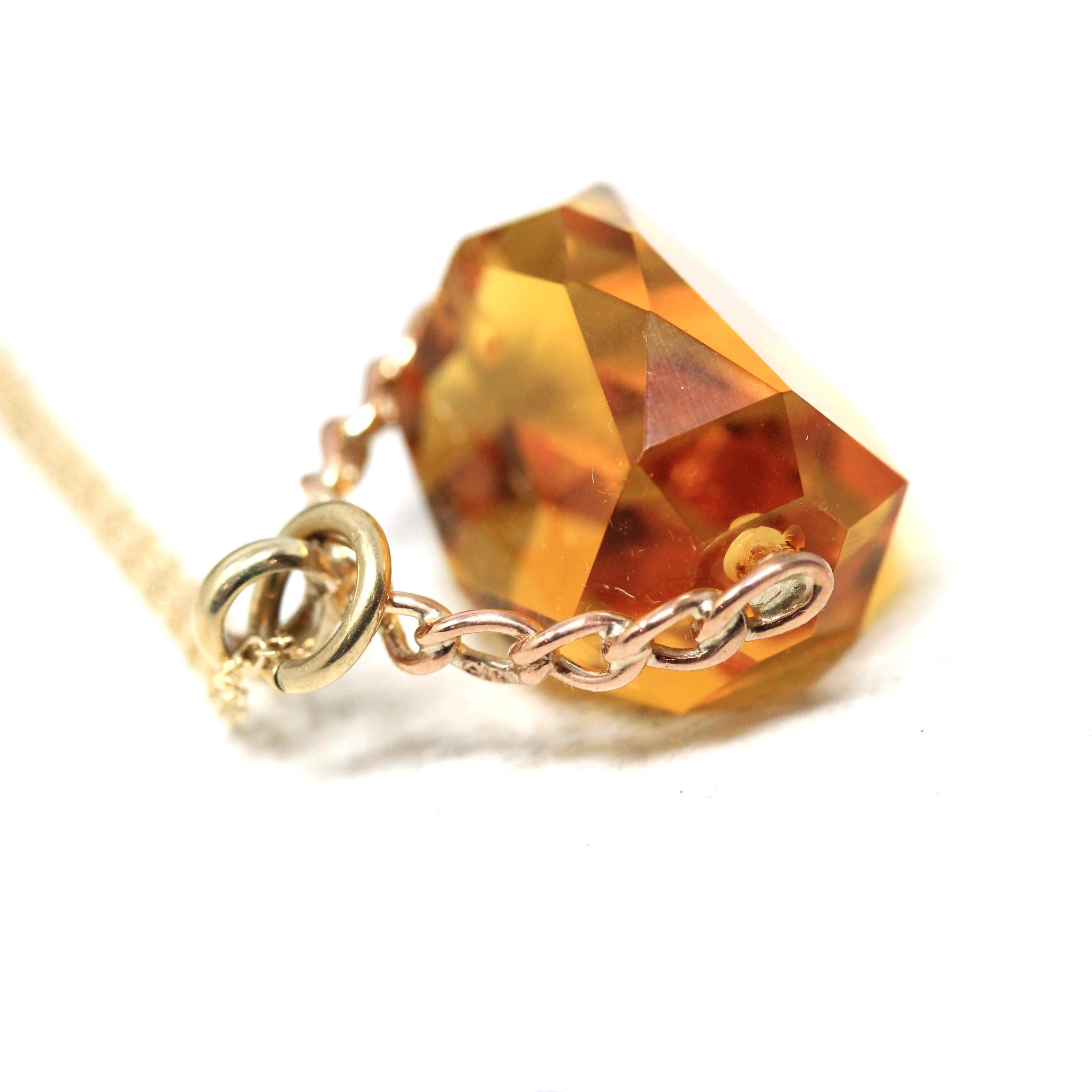 Antique Spinner Fob - Victorian 9k English Yellow Gold Simulated Citrine Pendant Necklace - Dated 1897 Unique Faceted Glass Gemstone Jewelry