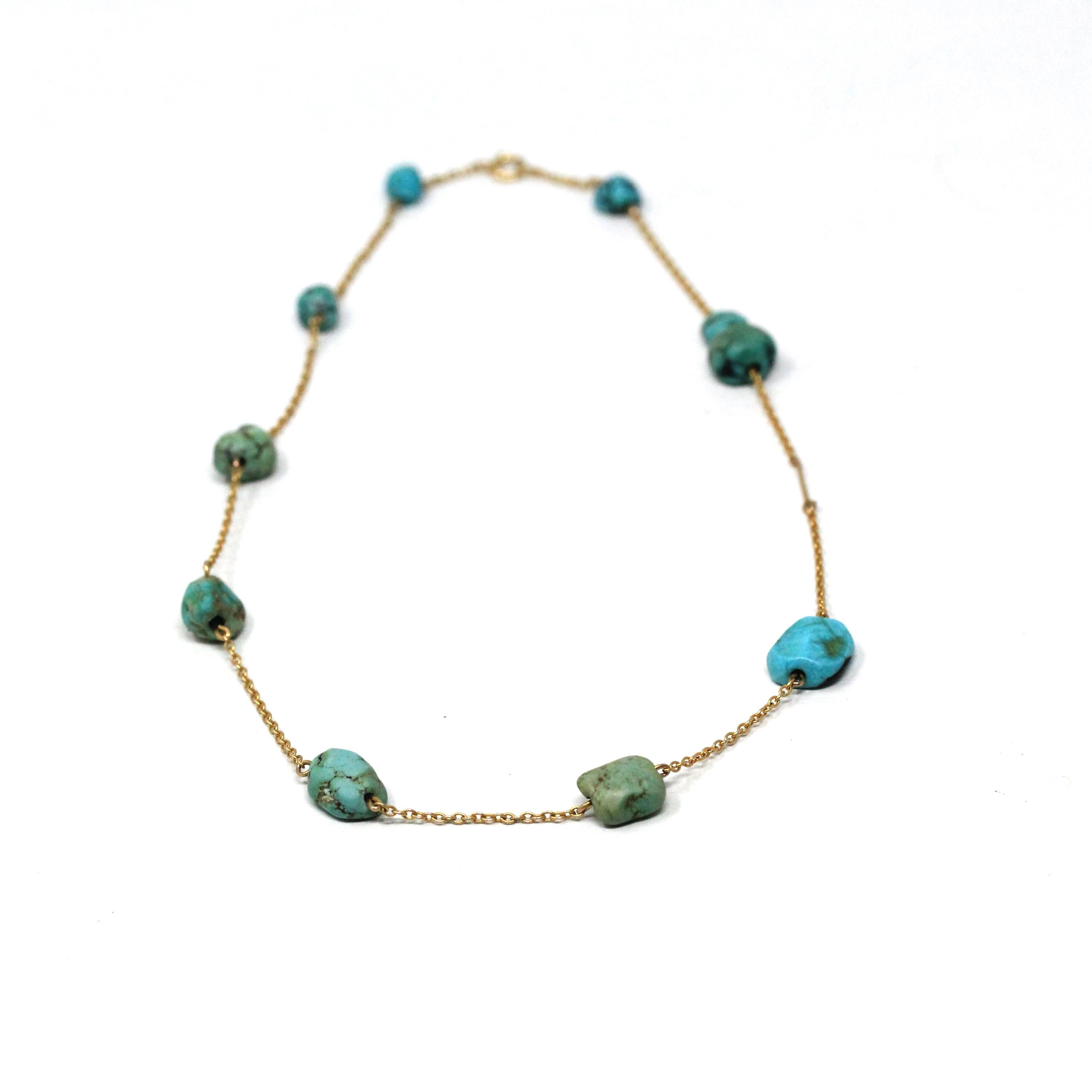 Antique Turquoise Necklace - Edwardian 9k Yellow Gold Natural Genuine Blue Green Gems Station Chain - Vintage Circa 1910s Era Fine Jewelry