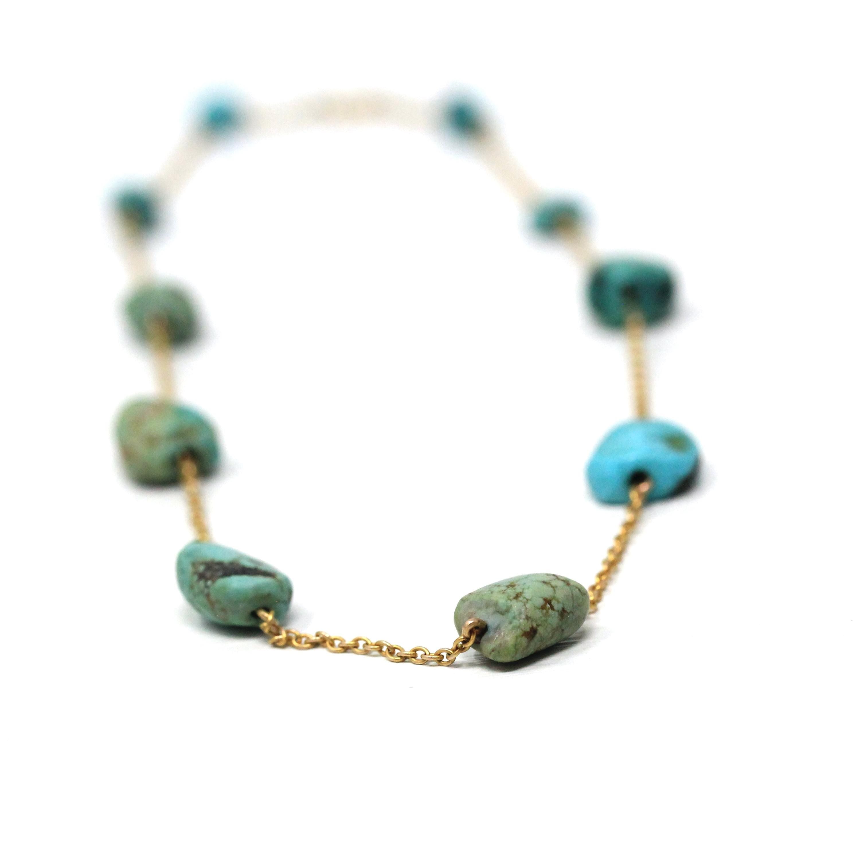 Antique Turquoise Necklace - Edwardian 9k Yellow Gold Natural Genuine Blue Green Gems Station Chain - Vintage Circa 1910s Era Fine Jewelry