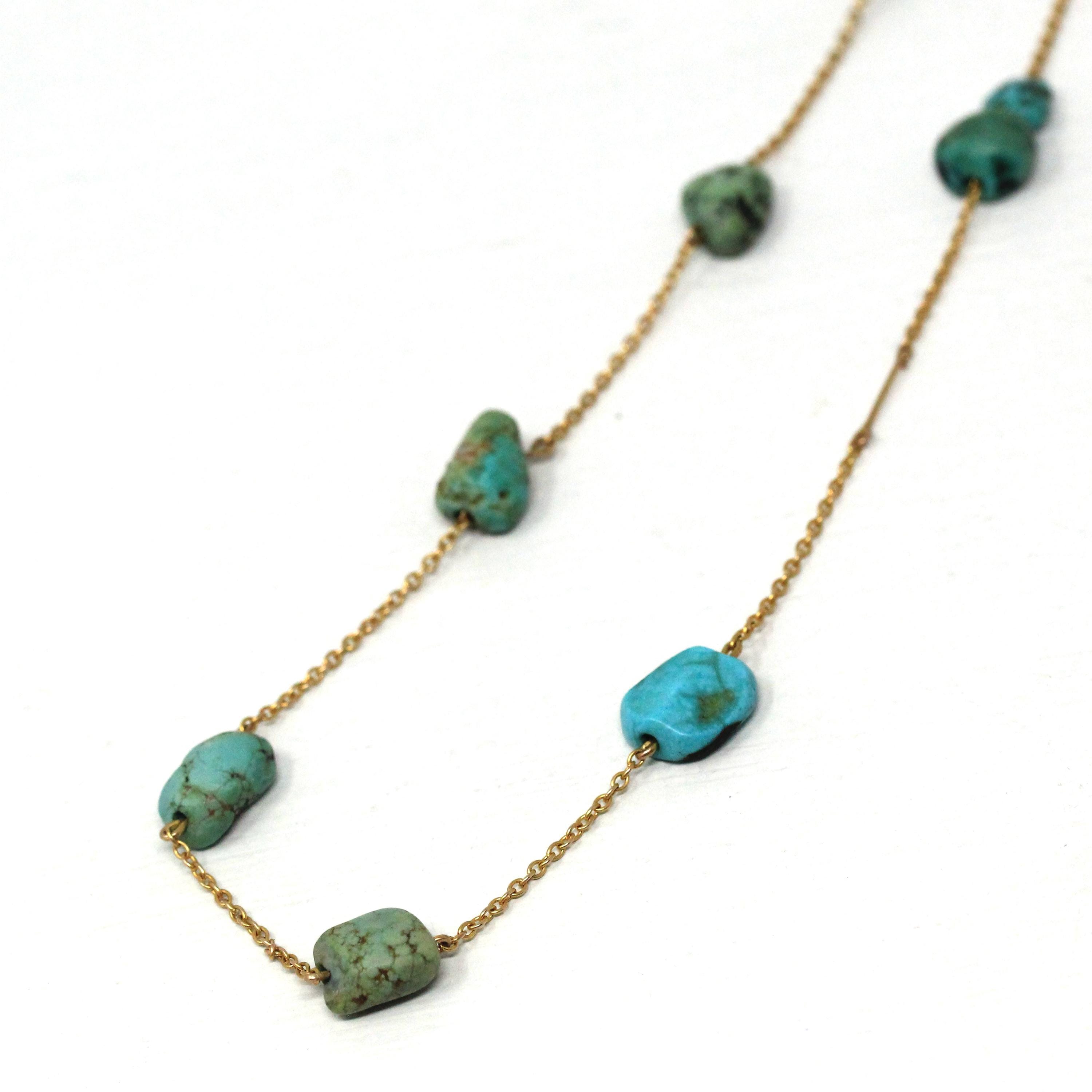 Antique Turquoise Necklace - Edwardian 9k Yellow Gold Natural Genuine Blue Green Gems Station Chain - Vintage Circa 1910s Era Fine Jewelry