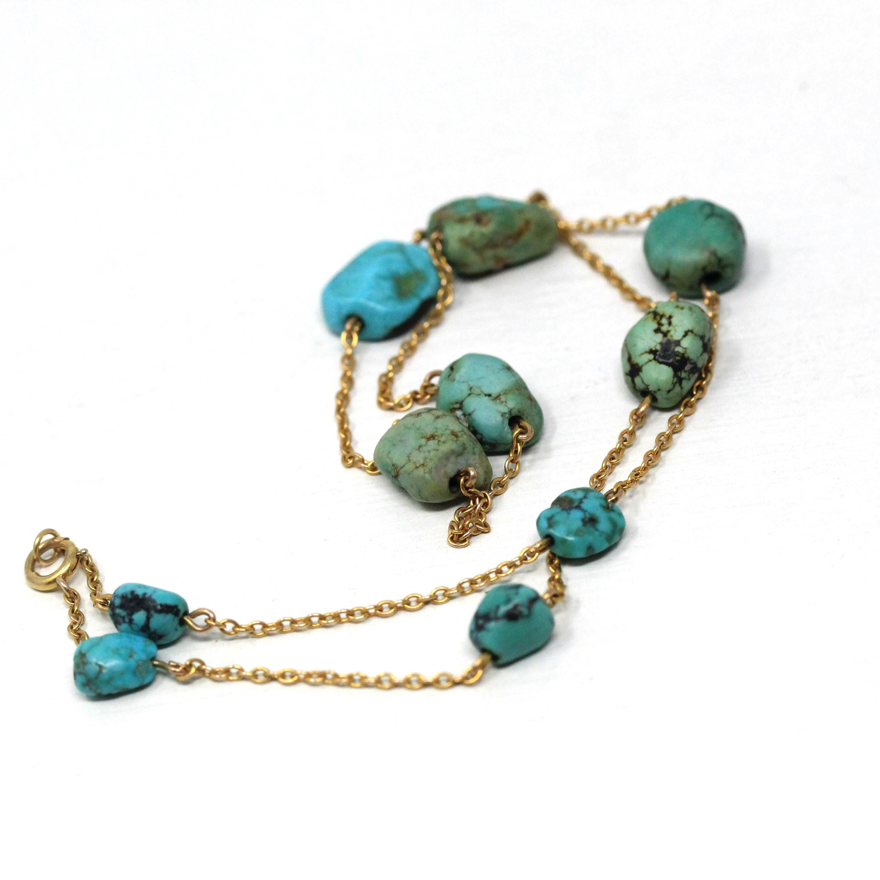 Antique Turquoise Necklace - Edwardian 9k Yellow Gold Natural Genuine Blue Green Gems Station Chain - Vintage Circa 1910s Era Fine Jewelry