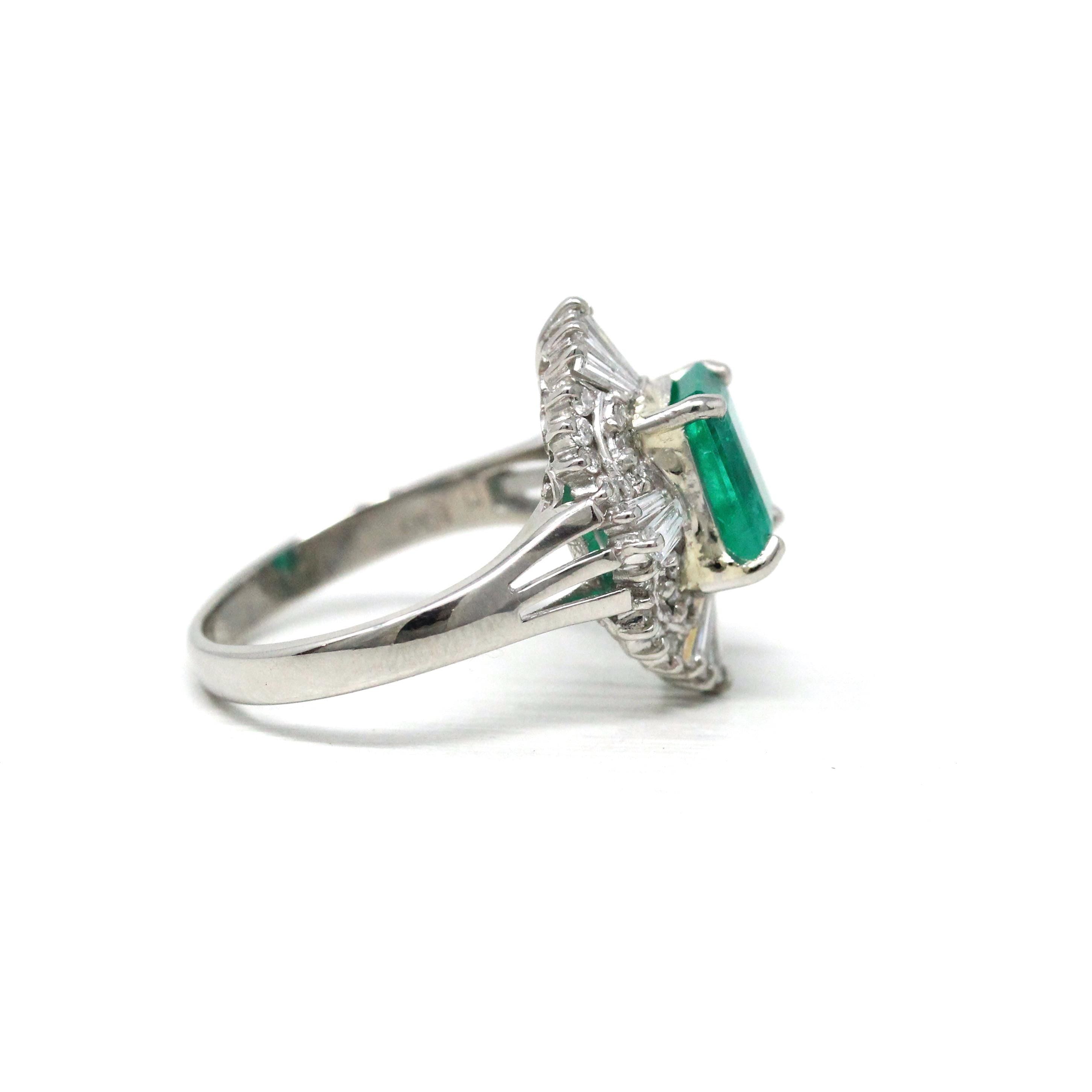 Emerald & Diamond Ring - Estate Platinum 1.77 CT Green Emerald Cut Baguette Round Halo - Vintage Engagement Fine Ballerina Report Jewelry