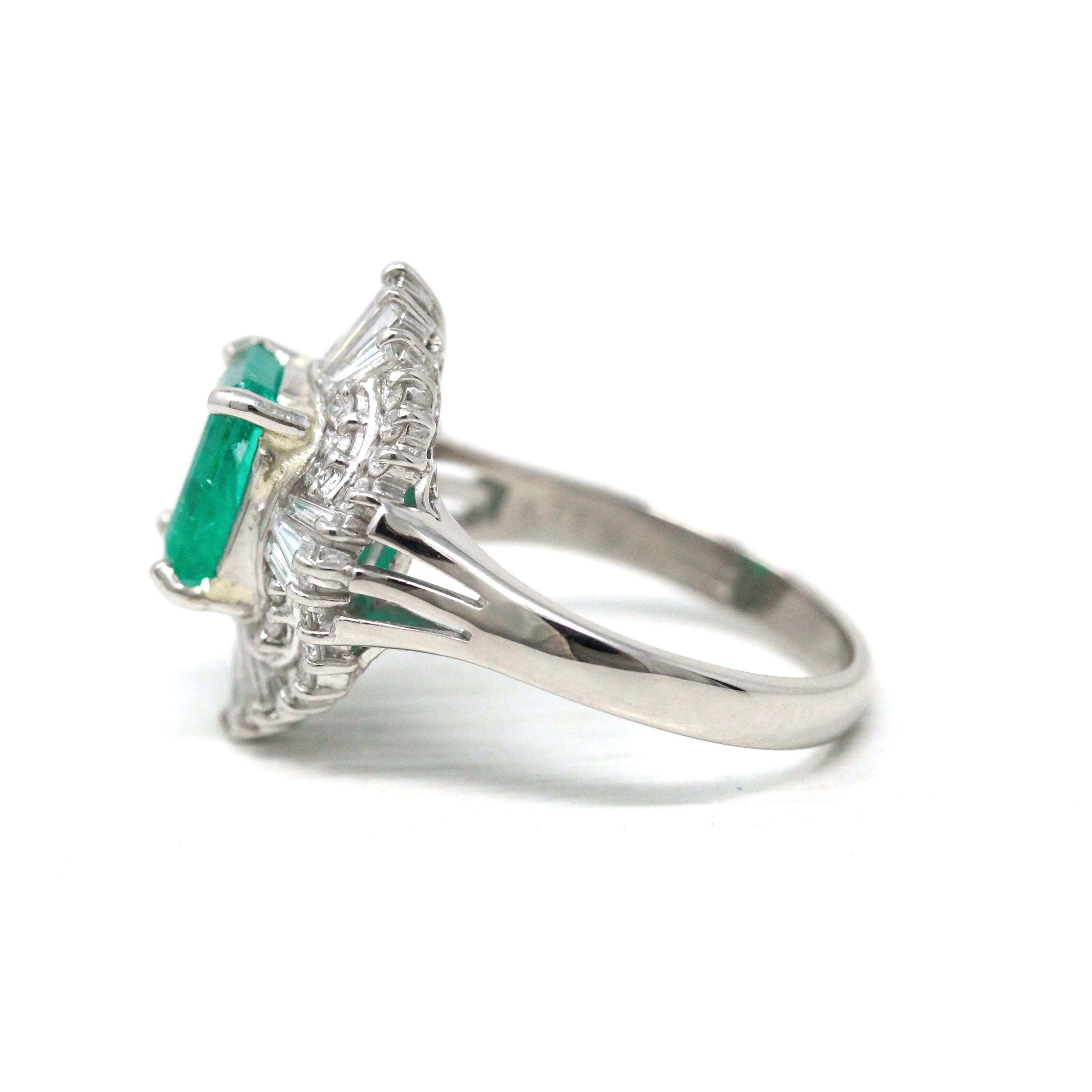 Emerald & Diamond Ring - Estate Platinum 1.77 CT Green Emerald Cut Baguette Round Halo - Vintage Engagement Fine Ballerina Report Jewelry