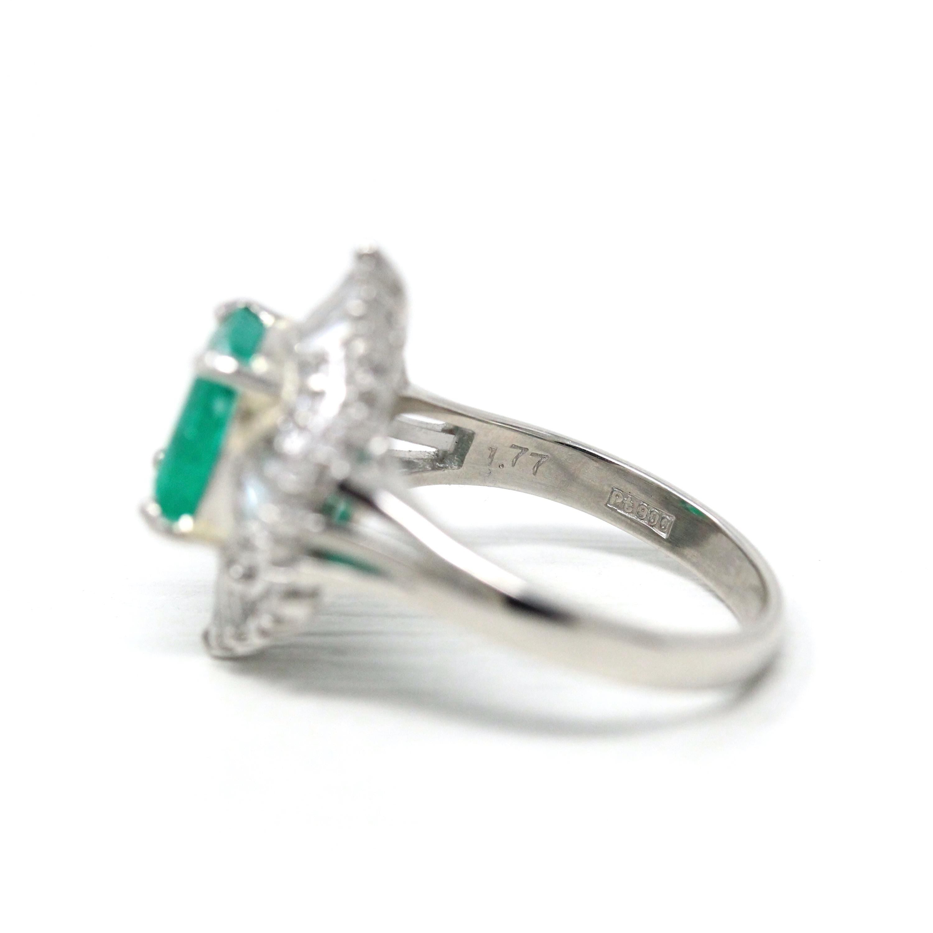 Emerald & Diamond Ring - Estate Platinum 1.77 CT Green Emerald Cut Baguette Round Halo - Vintage Engagement Fine Ballerina Report Jewelry