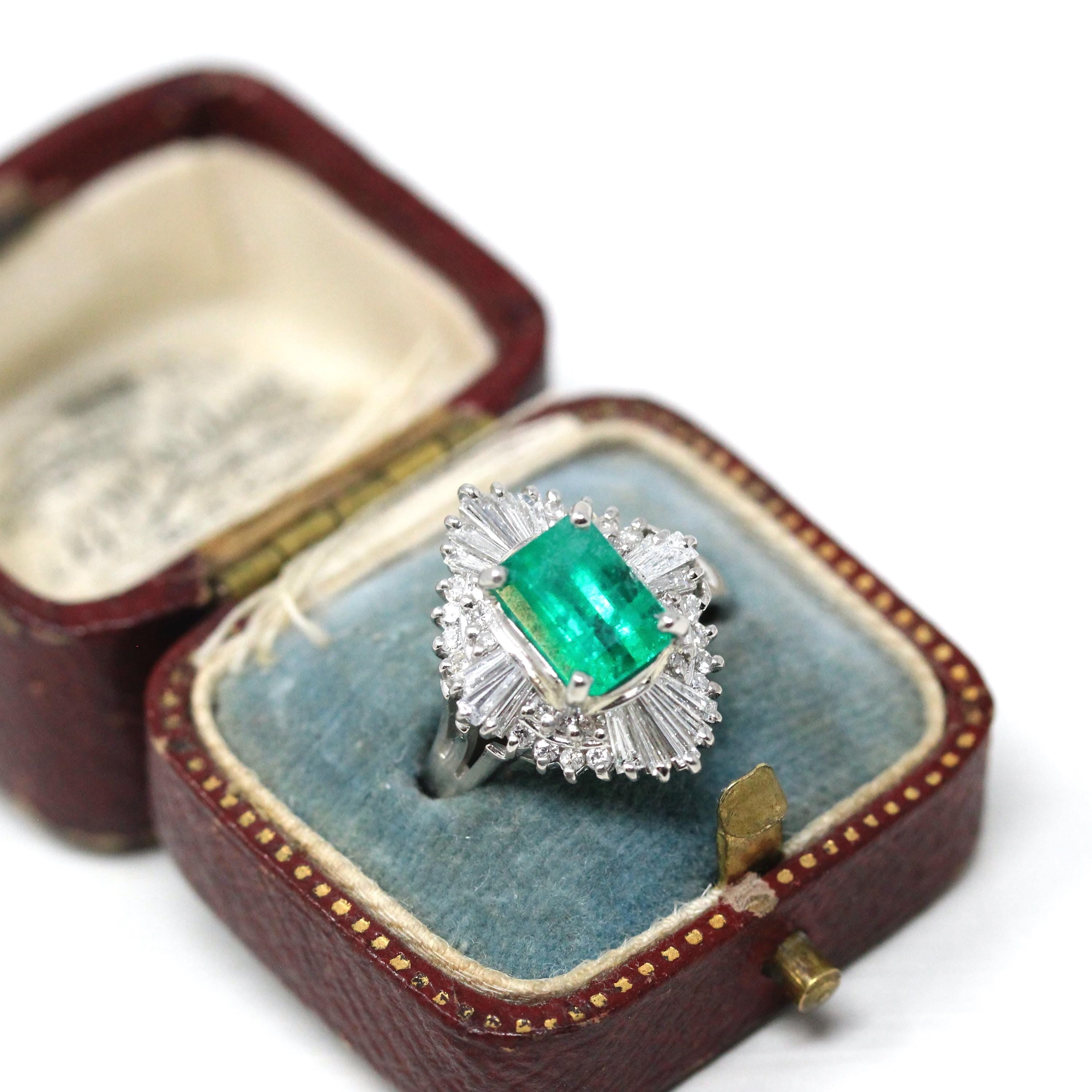Emerald & Diamond Ring - Estate Platinum 1.77 CT Green Emerald Cut Baguette Round Halo - Vintage Engagement Fine Ballerina Report Jewelry