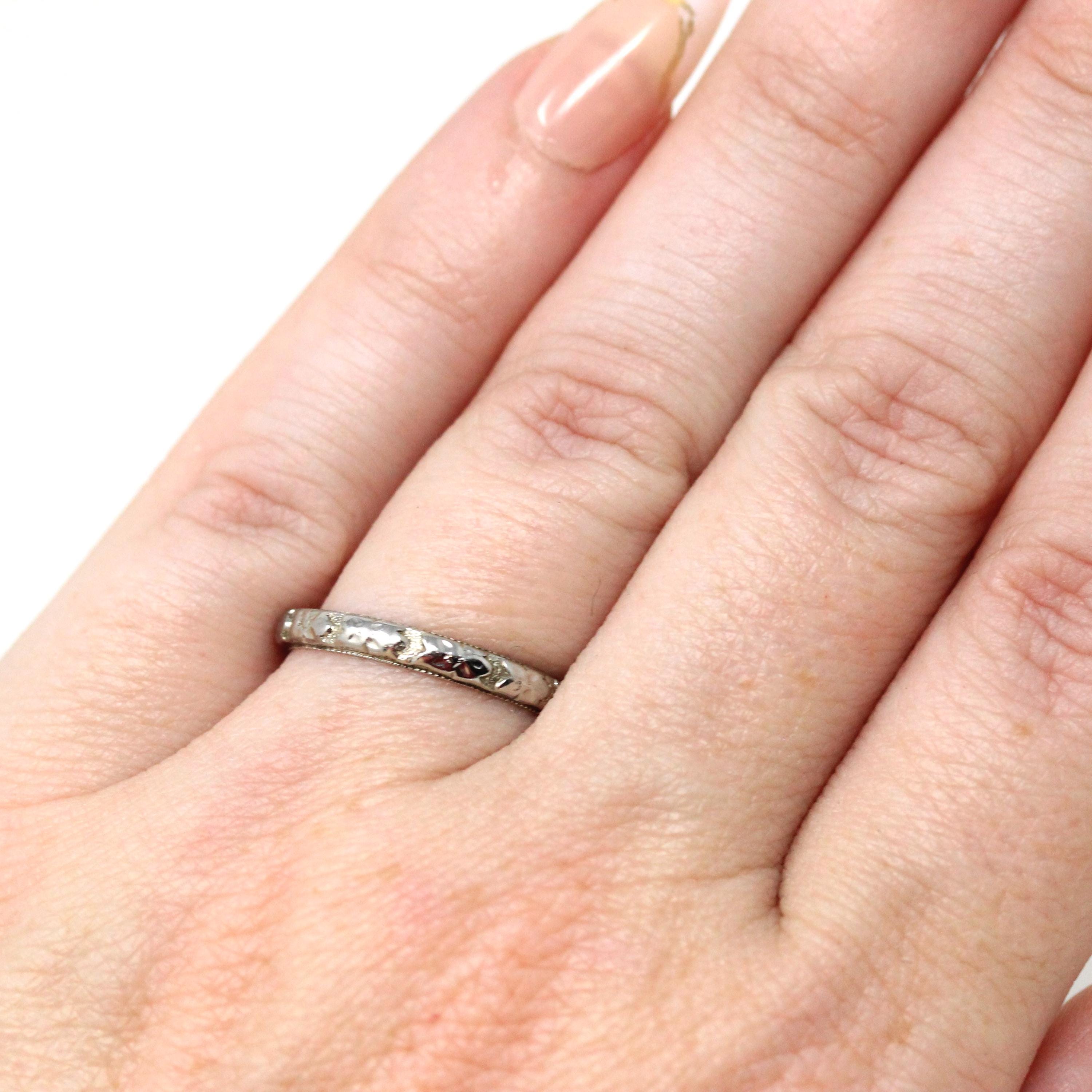 Floral Wedding Band - Vintage Art Deco 18k White Gold Flower Eternity Ring - Circa 1930s Era Size 5 1/2 Bridal Unisex Fine 30s Era Jewelry