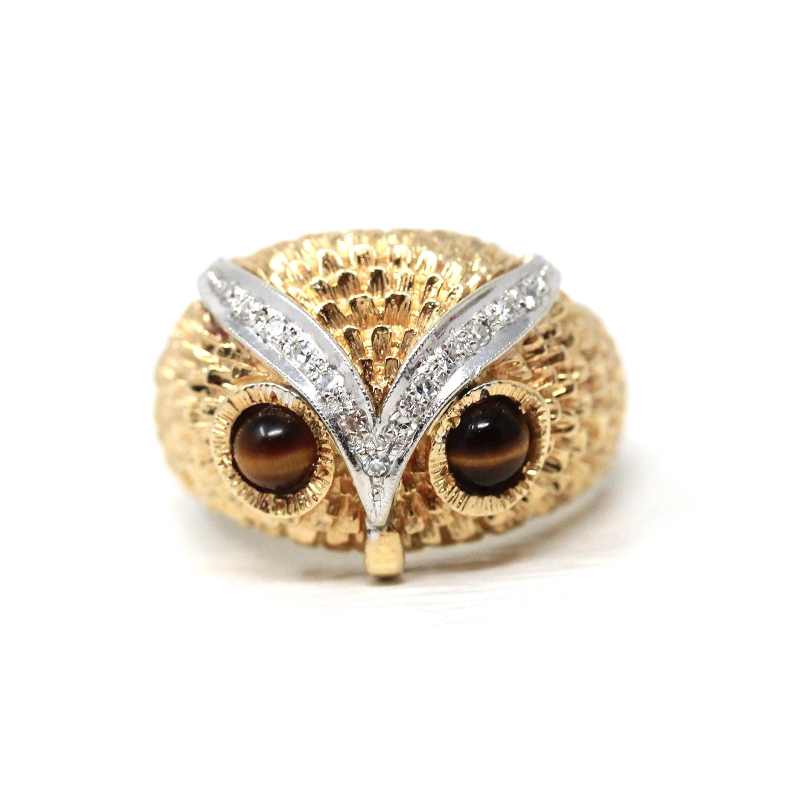Vintage Owl Ring - Retro 14k Yellow Gold Tiger's Eye Gemstone Eyes - Circa 1960s Era Size 10 Diamonds Statement Cocktail Fine Bird Jewelry