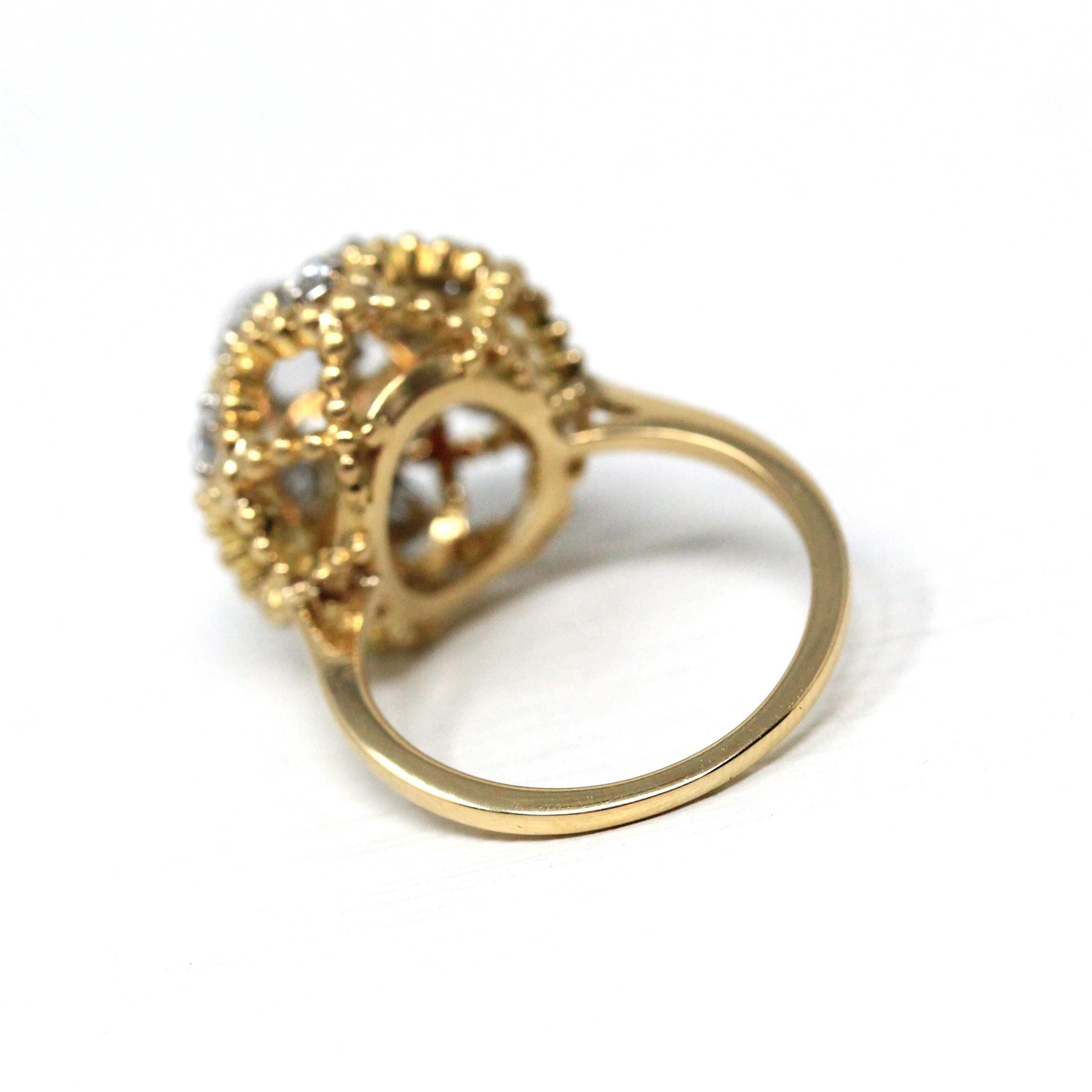 Moonstone & Diamond Dome Ring - Retro 18k Yellow Gold Natural Gemstones Flower Statement - Circa 1960s Era Size 5 3/4 Jabel Cocktail Jewelry