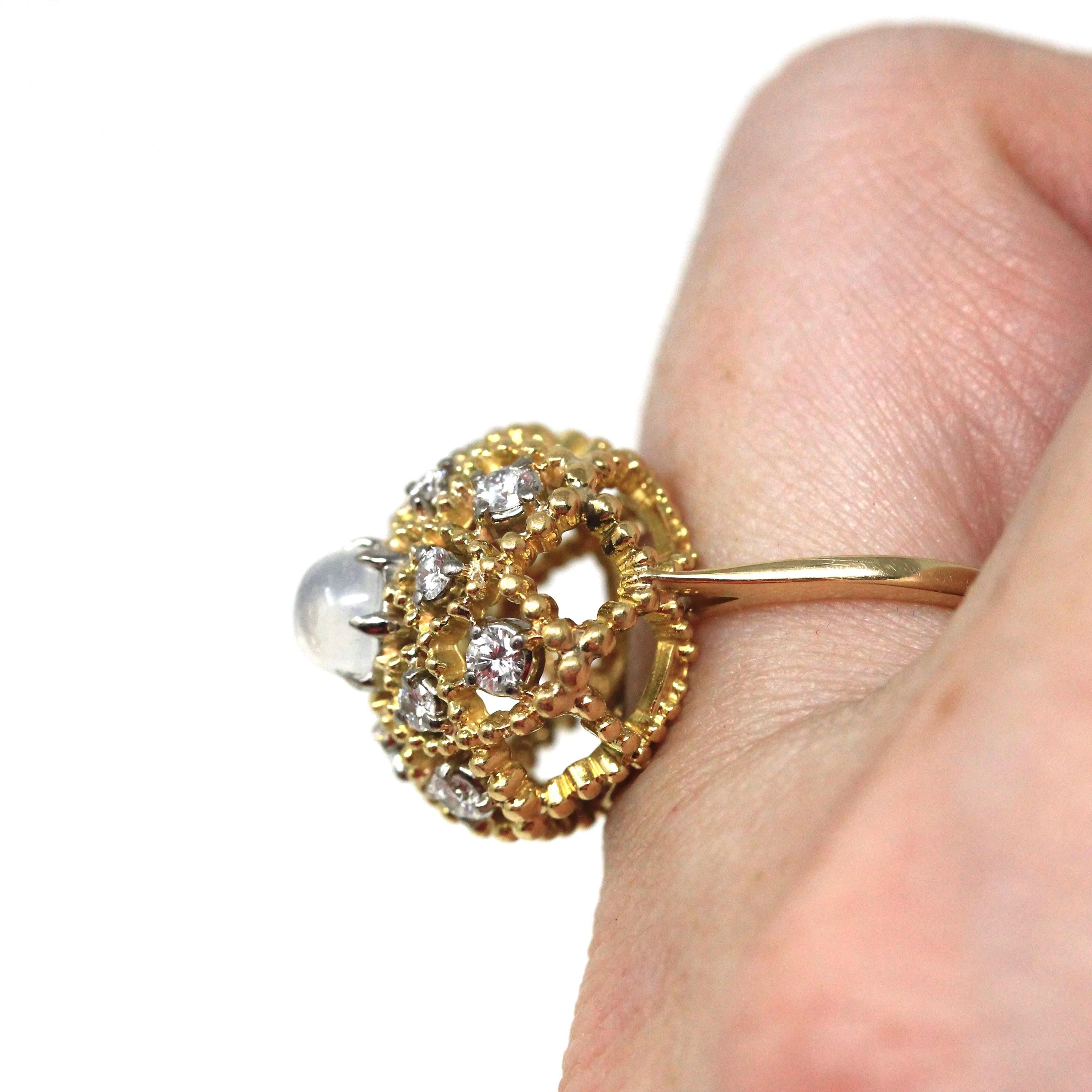 Moonstone & Diamond Dome Ring - Retro 18k Yellow Gold Natural Gemstones Flower Statement - Circa 1960s Era Size 5 3/4 Jabel Cocktail Jewelry