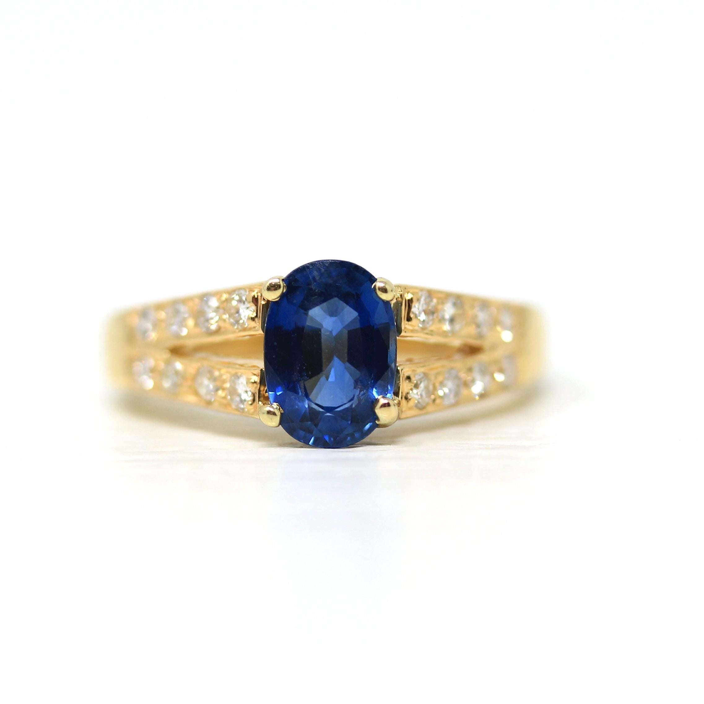 Sapphire & Diamond Ring - Modern 18k Yellow Gold Natural Gemstones Split Shank Engagement - Estate Circa 2000's Era Size 4 1/4 Fine Jewelry