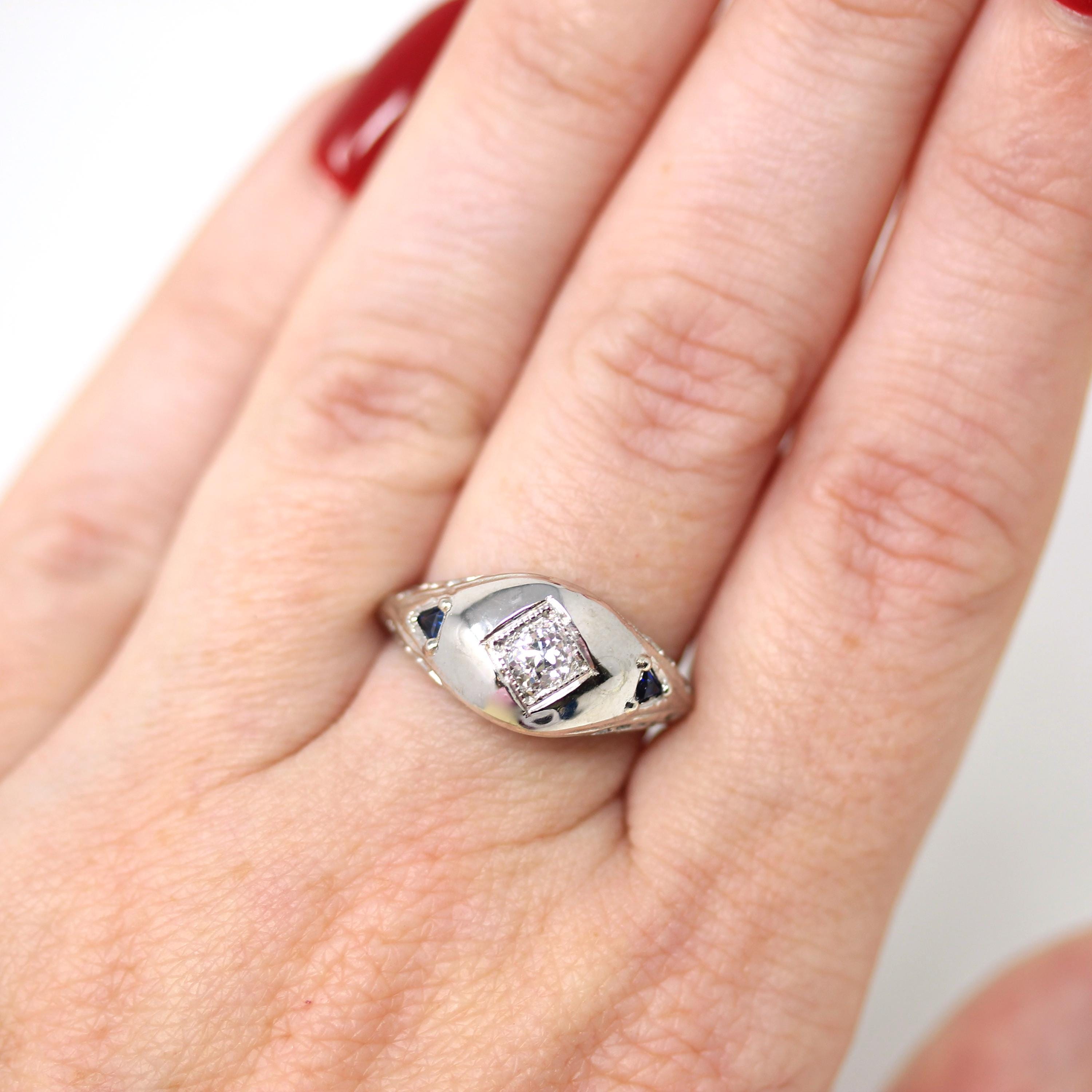 Art Deco Filigree Ring - Antique 18k White Gold Natural Diamond Created Sapphire Engagement Band - Circa 1920s Size 6 Floral Fine Jewelry