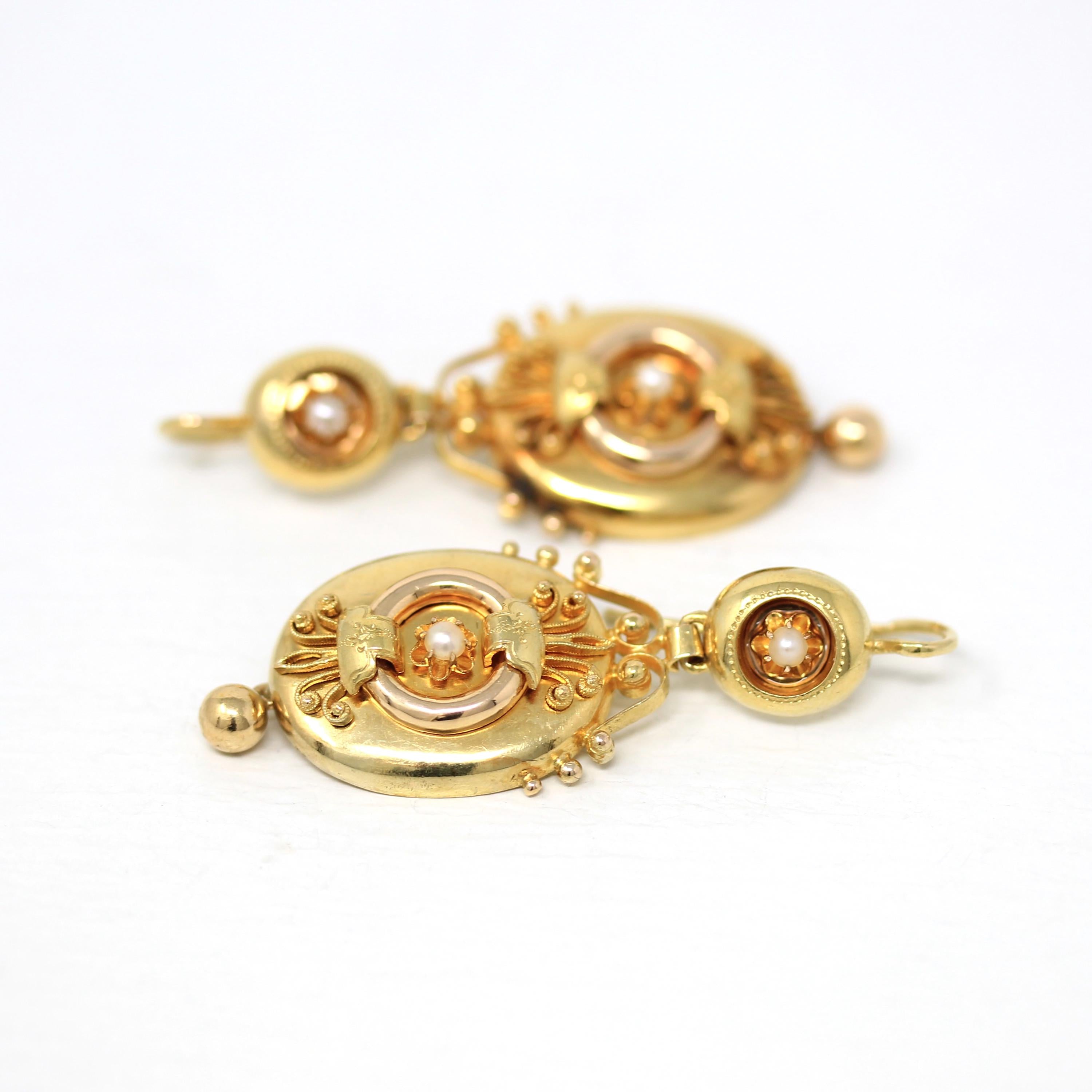 Victorian Etruscan Earrings - Antique 14k Yellow Gold Dangle Cultured Pearls - Vintage 1870s Ornate Revival Fine Bridal Wedding Jewelry