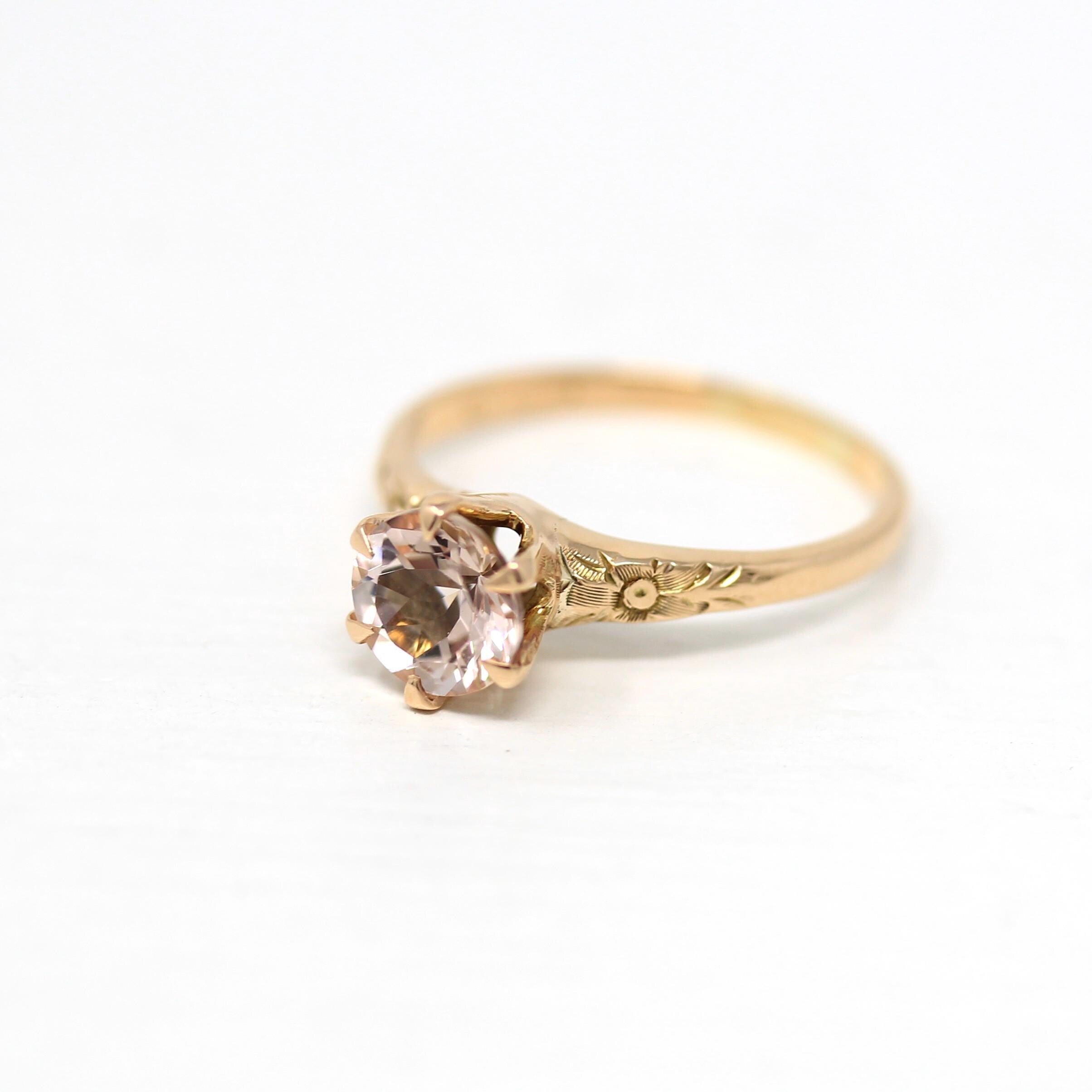 Natural Morganite Ring - Edwardian 10k Yellow Gold Round Faceted Pink Gem - Antique Circa 1910s Era Size 7 1/2 Ostby Barton Fine OB Jewelry