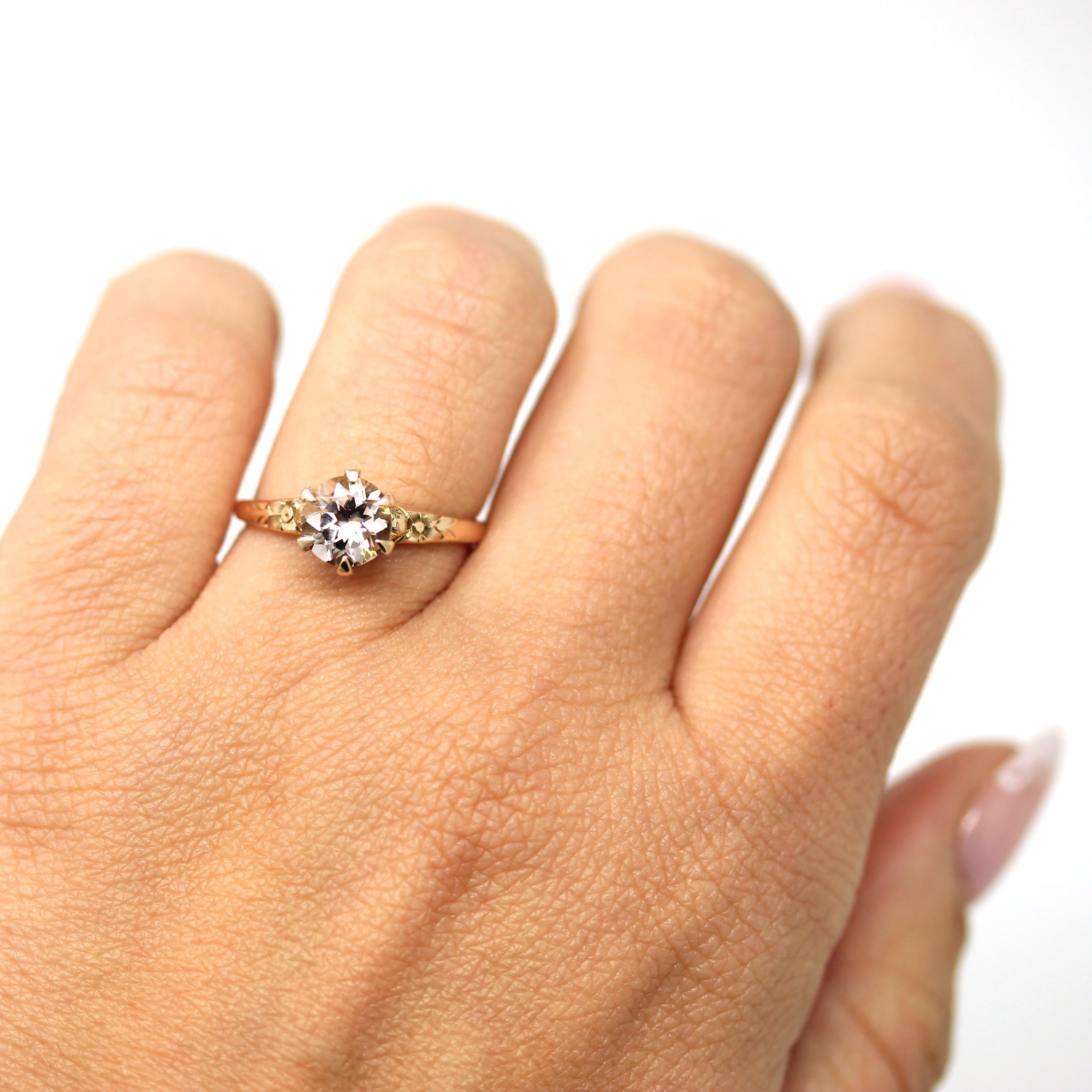 Natural Morganite Ring - Edwardian 10k Yellow Gold Round Faceted Pink Gem - Antique Circa 1910s Era Size 7 1/2 Ostby Barton Fine OB Jewelry