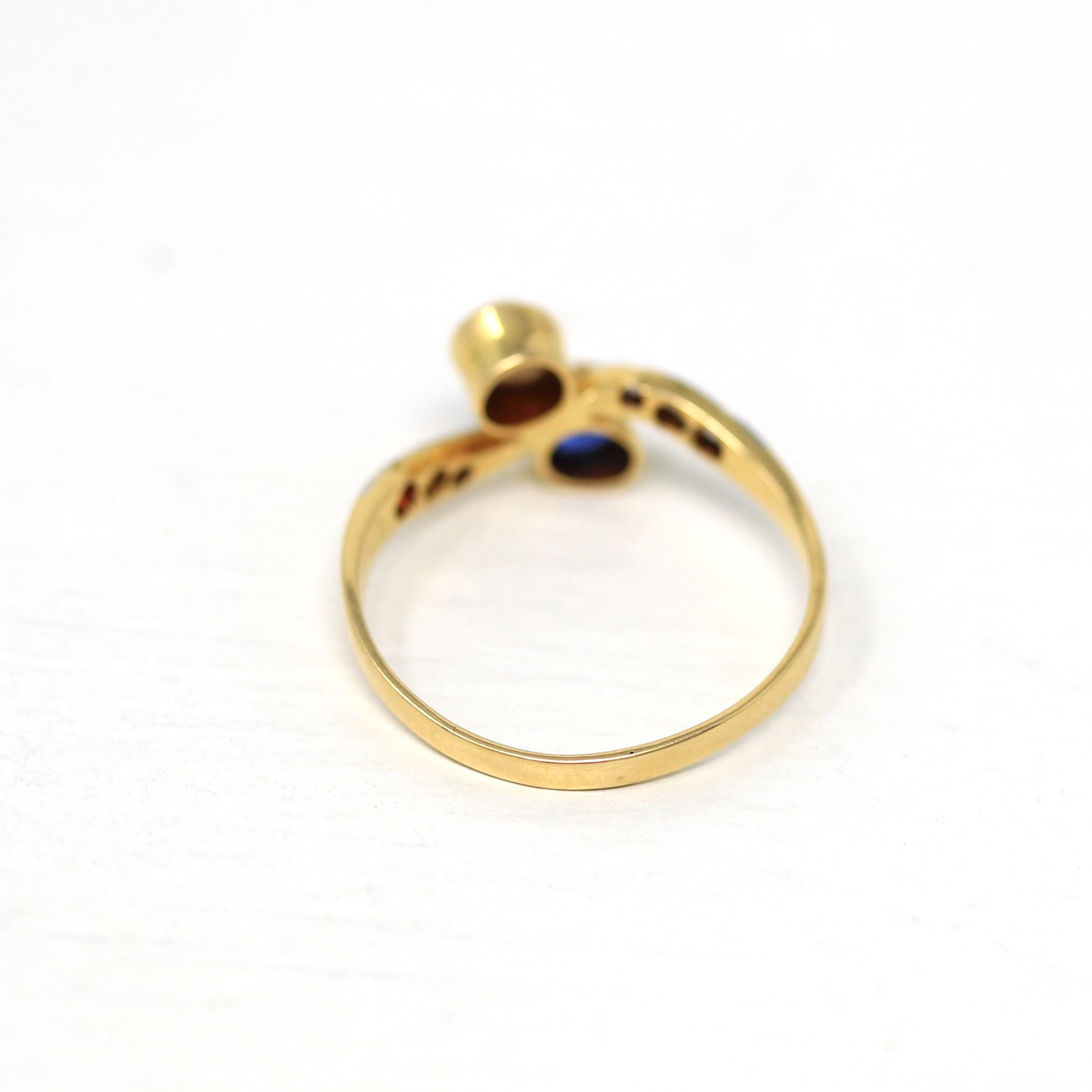 Toi Et Moi Ring - Antique 18k Yellow Gold & Platinum Created Sapphire Cultured Pearl Diamond Bypass - Circa 1910s Size 7 3/4 Fine Jewelry