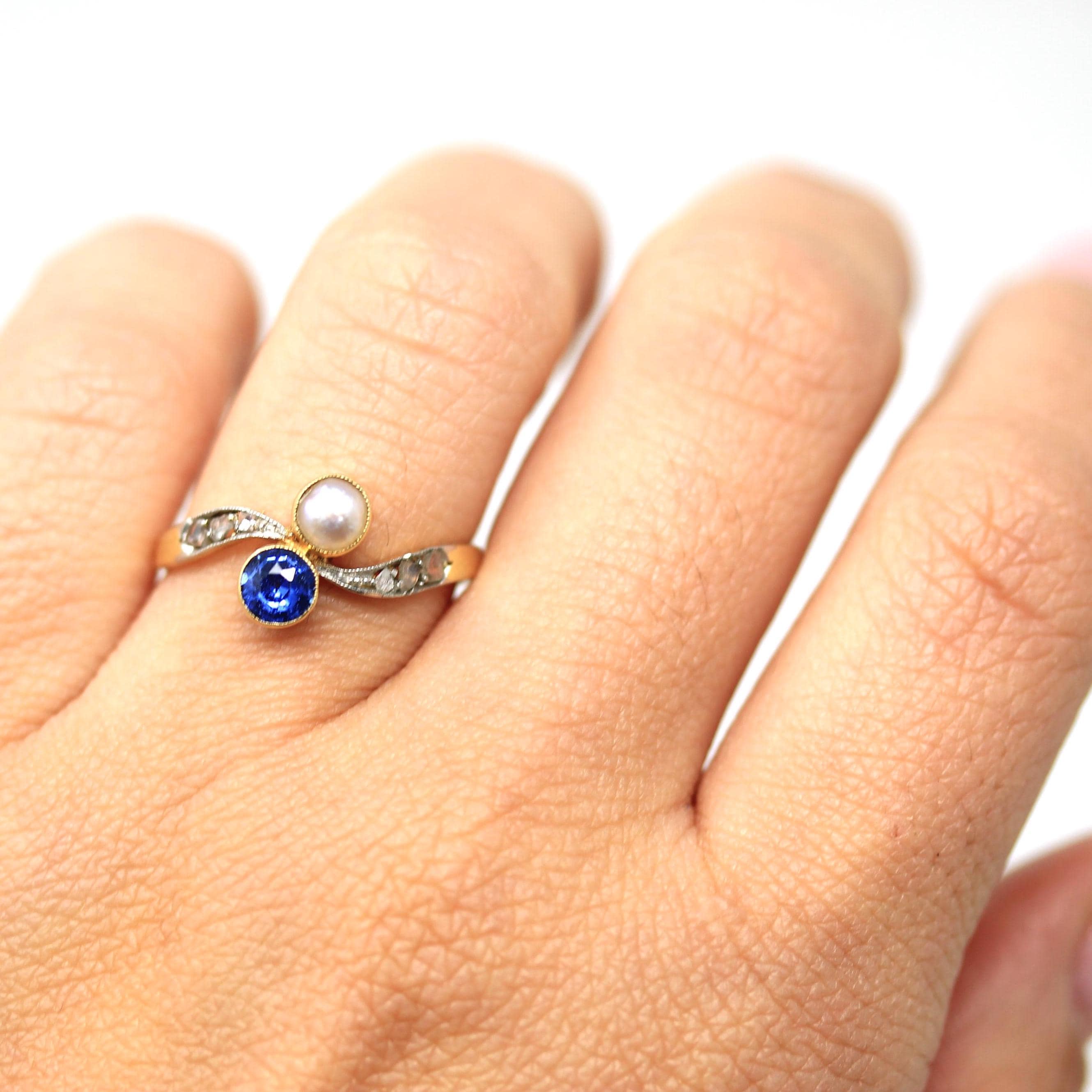 Toi Et Moi Ring - Antique 18k Yellow Gold & Platinum Created Sapphire Cultured Pearl Diamond Bypass - Circa 1910s Size 7 3/4 Fine Jewelry