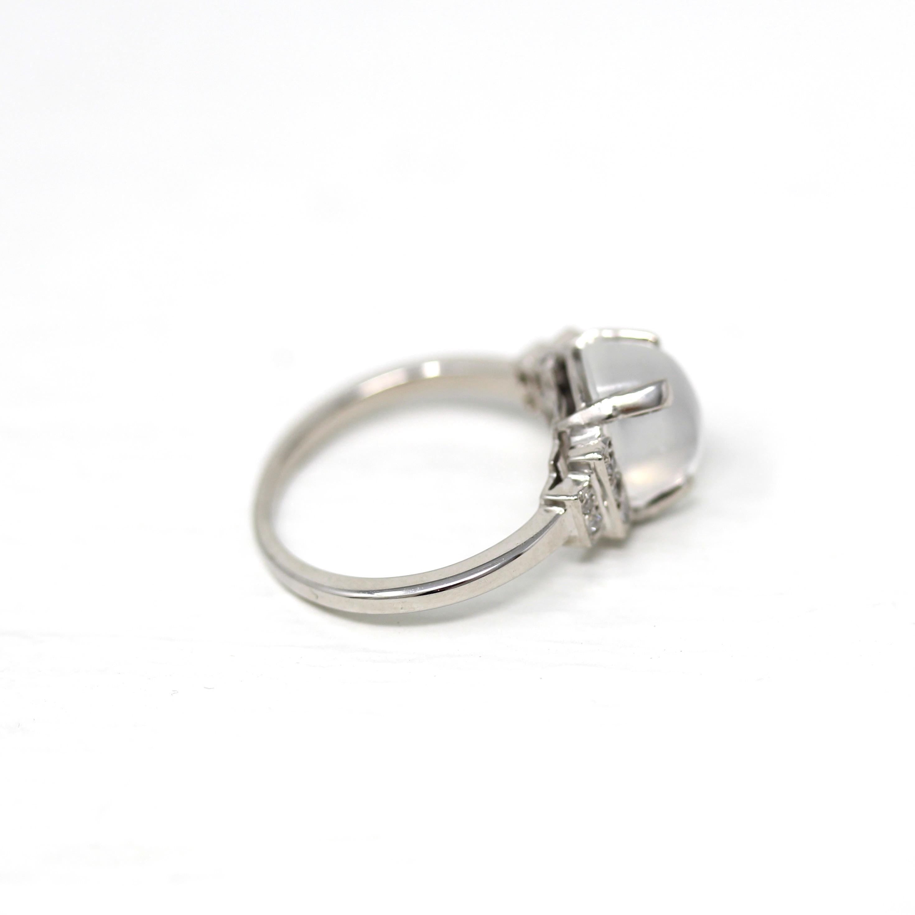Vintage Moonstone Ring - Mid Century 18k White Gold Natural Cabochon Cut Gem - Circa 1950s Size 6 Genuine Diamonds June Fine 50s Jewelry