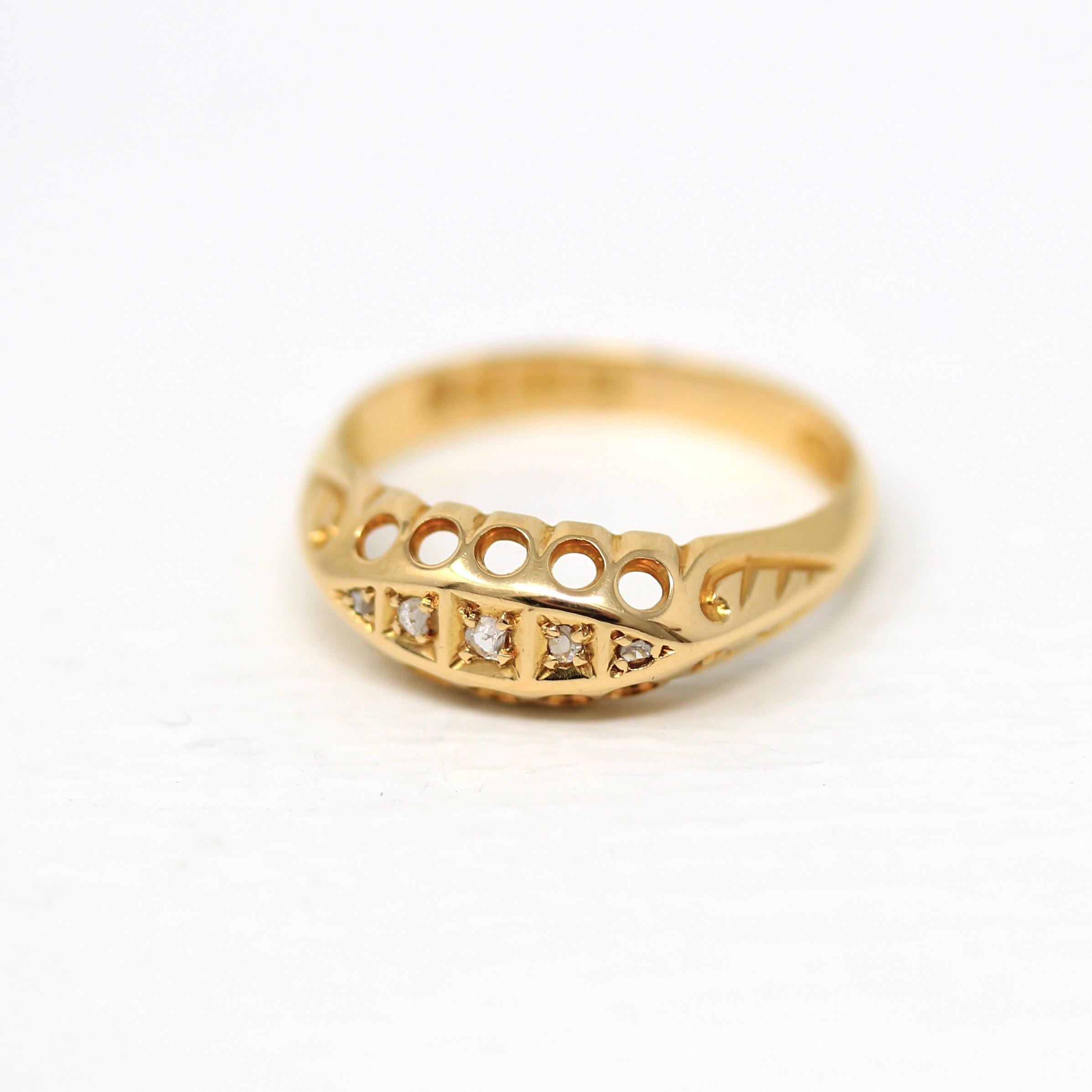 Antique Diamond Band - Edwardian 18k Yellow Gold Natural .05 CTW Five Stone Ring - Hallmark Date 1906 Chester England Fine Bridal Jewelry