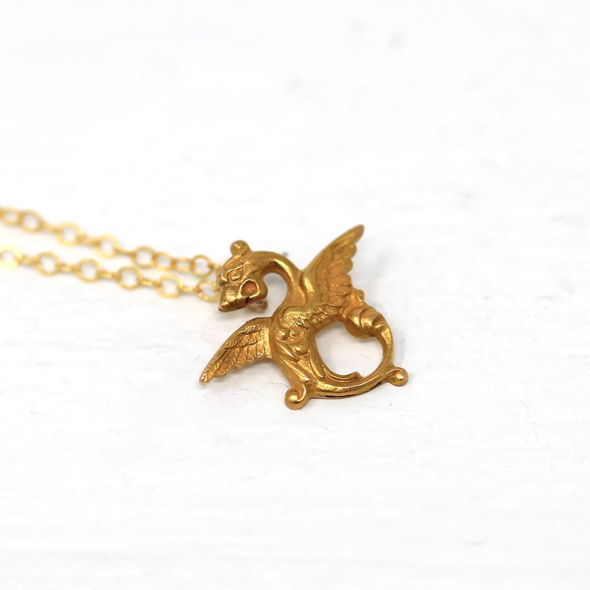 Antique Griffin Charm - Edwardian 14k Yellow Gold Stick Pin Conversion Pendant - Vintage Circa 1910s Era Mythological Beast Fine Jewelry