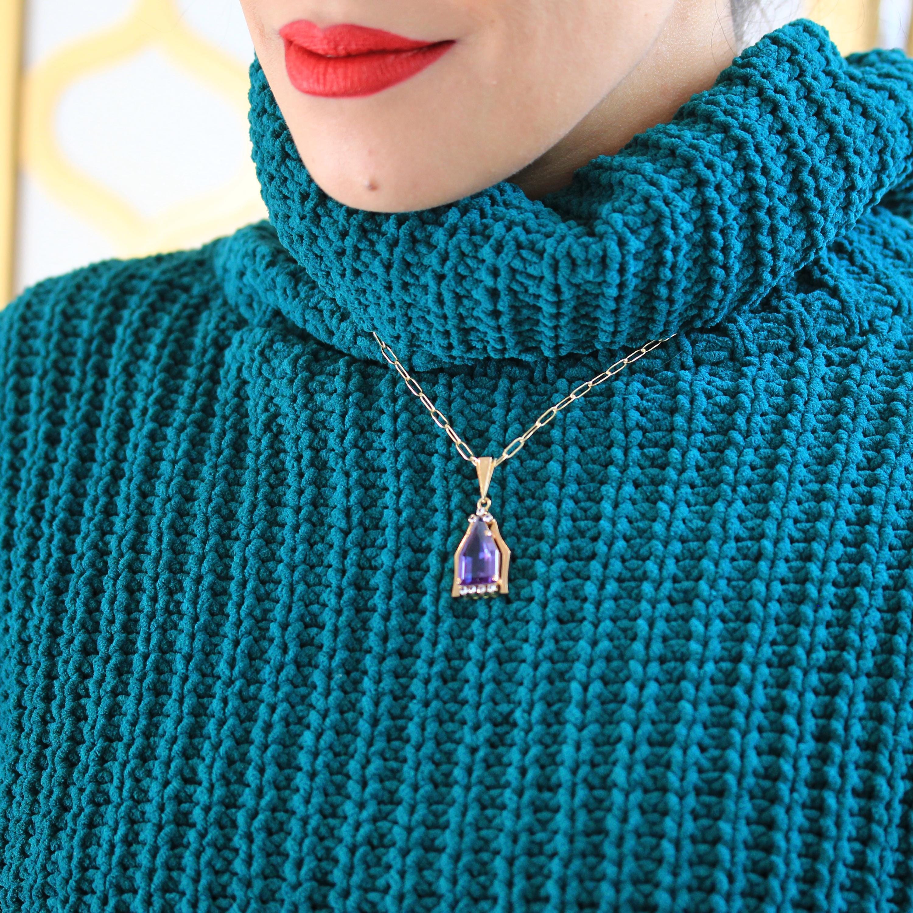 Created Color Change Sapphire Necklace - Retro 14k Yellow Gold Fancy Step Cut Purple Gem Pendant - Vintage Circa 1940s Fine Fashion Jewelry