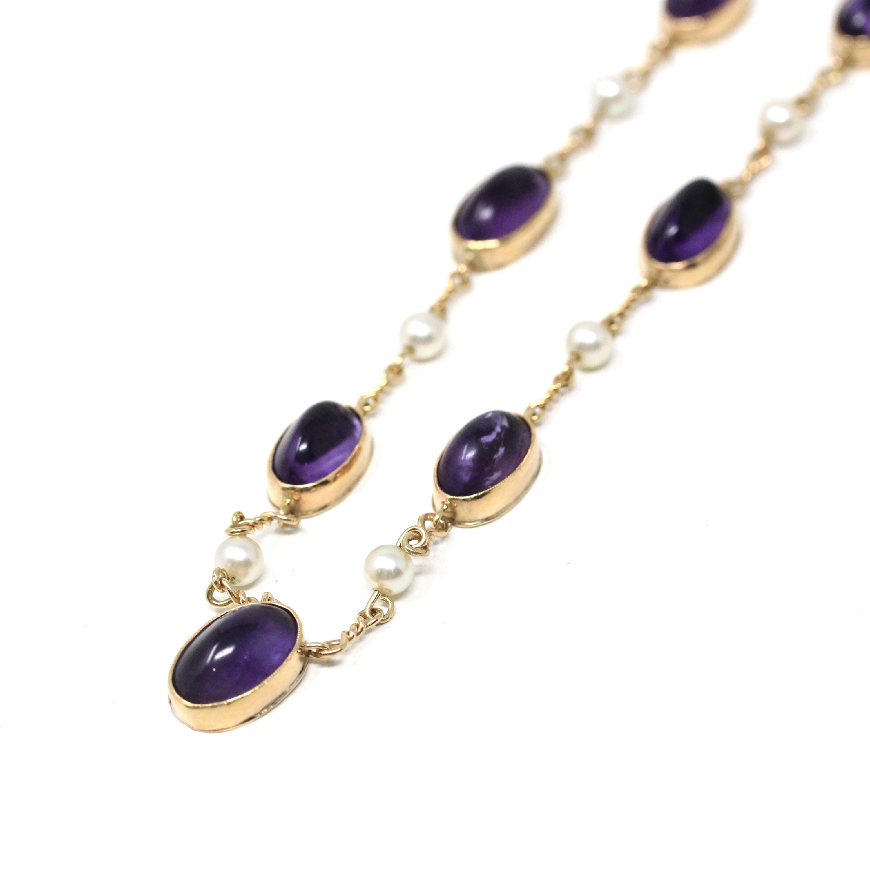 Antique Amethyst Necklace - Vintage 9k Yellow Gold Purple Gem Cultured Pearl Necklace - Edwardian 1910s February June Birthstones Jewelry