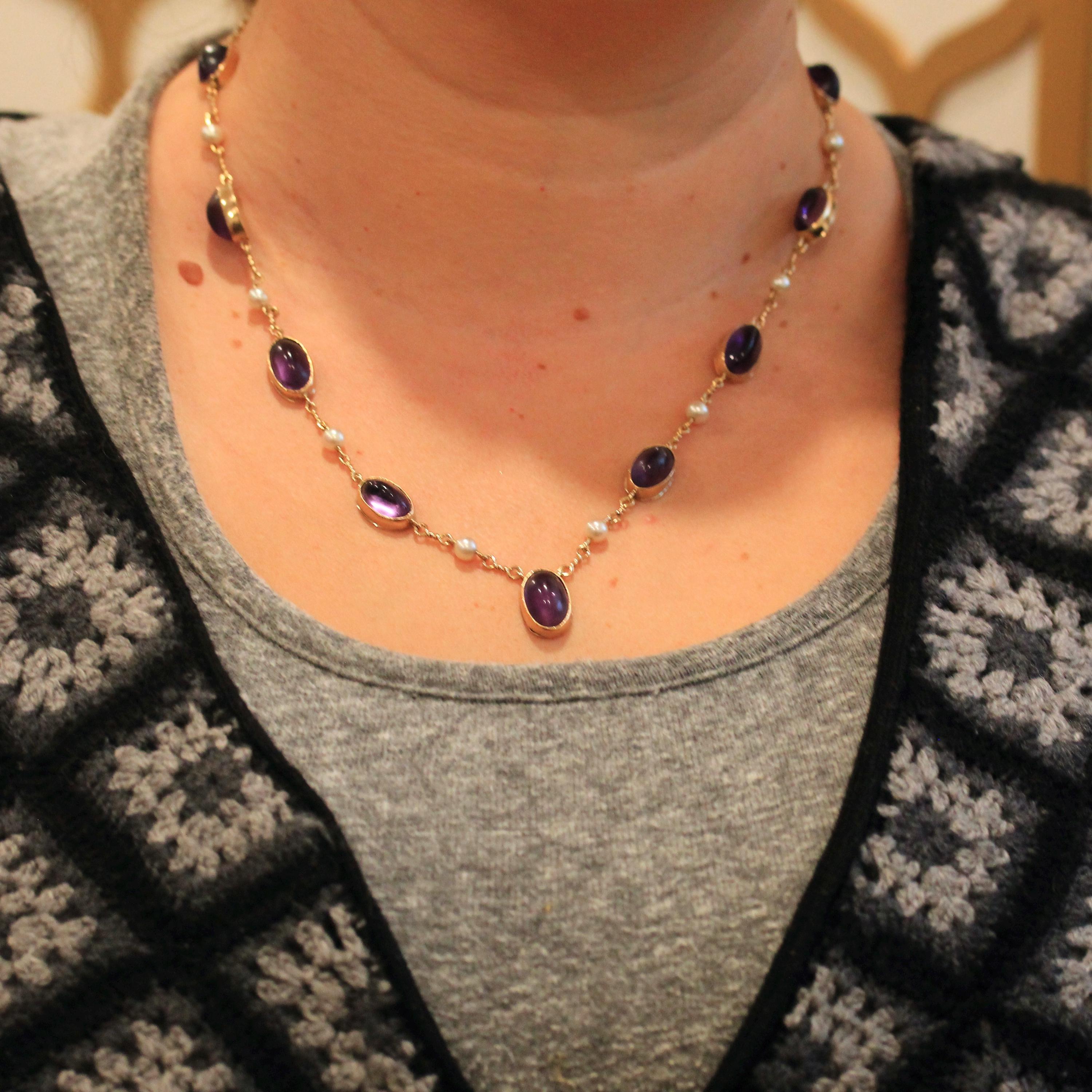 Antique Amethyst Necklace - Vintage 9k Yellow Gold Purple Gem Cultured Pearl Necklace - Edwardian 1910s February June Birthstones Jewelry