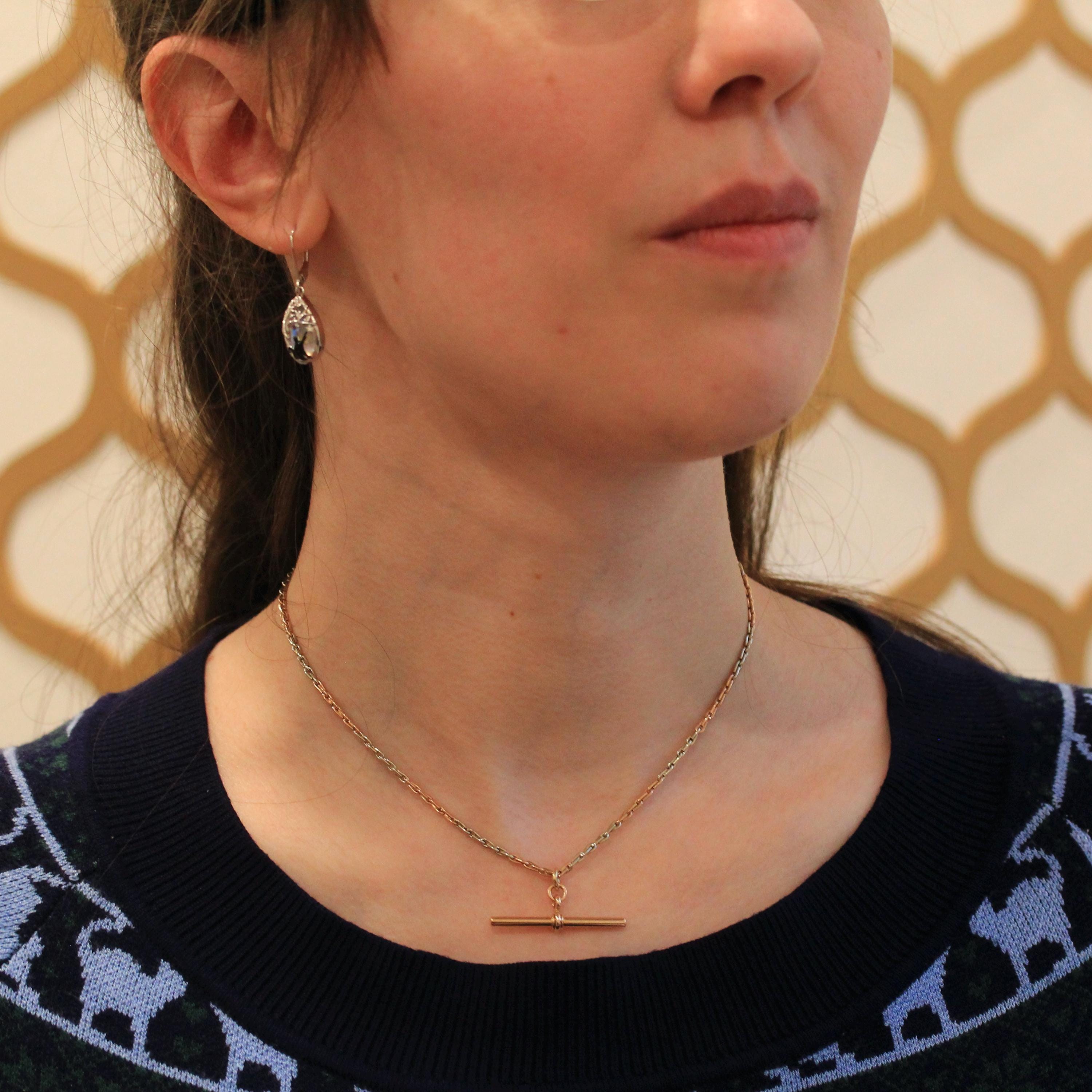 Pocket Watch Chain - Antique 9ct Rose White Two Tone Gold T Bar Swivel Clip Choker Necklace - Circa 1920s Era Fashion Accessory Fine Jewelry