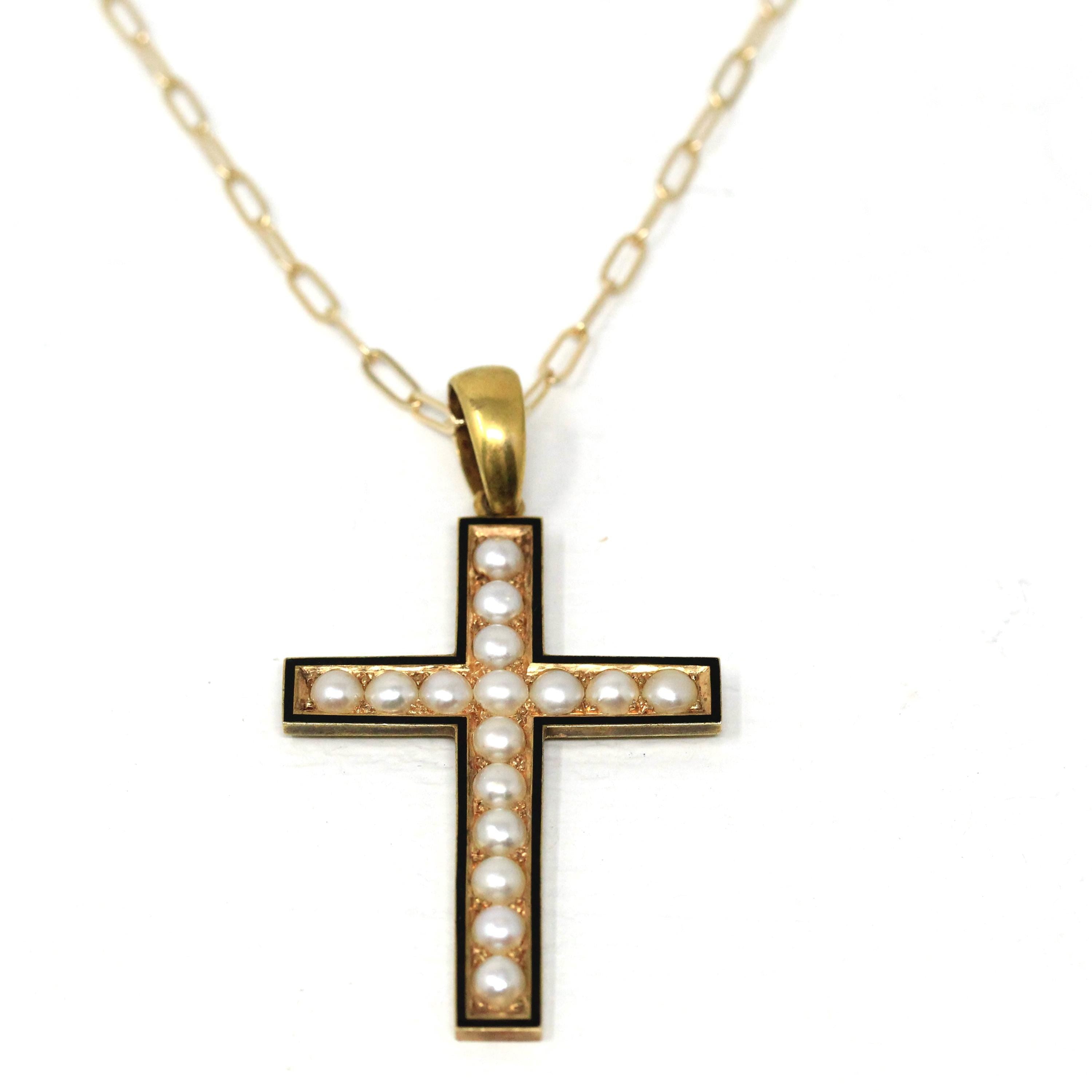 Antique Victorian Cross - Circa 1890s 14k Yellow Gold Seed Pearl & Black Enamel Pendant - Mourning Religious Christianity Cross Fine Jewelry