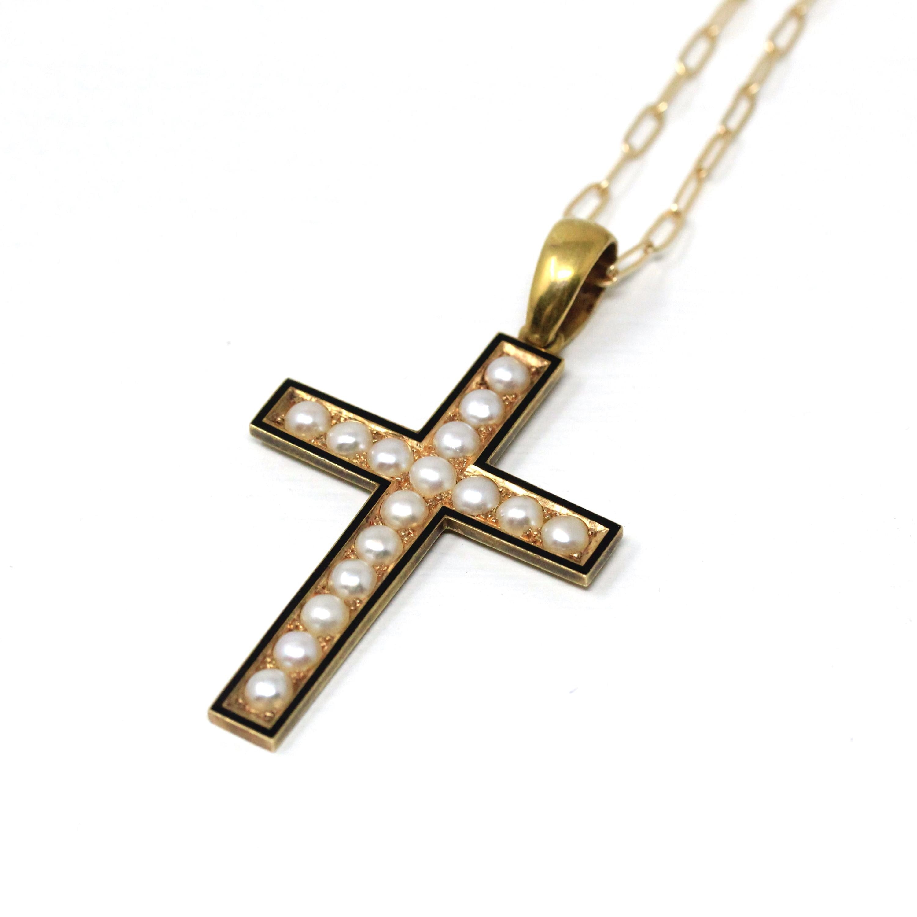 Antique Victorian Cross - Circa 1890s 14k Yellow Gold Seed Pearl & Black Enamel Pendant - Mourning Religious Christianity Cross Fine Jewelry