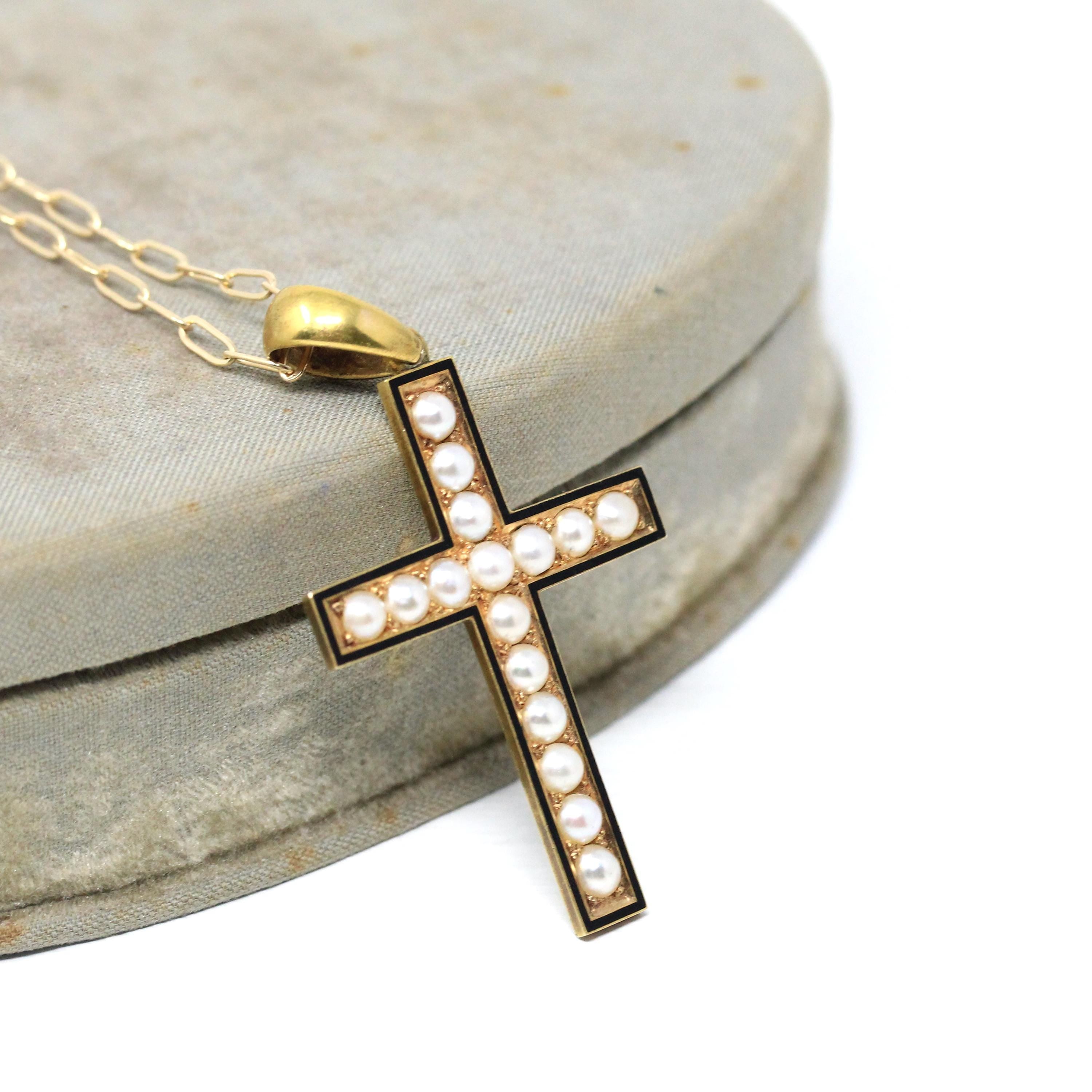 Antique Victorian Cross - Circa 1890s 14k Yellow Gold Seed Pearl & Black Enamel Pendant - Mourning Religious Christianity Cross Fine Jewelry