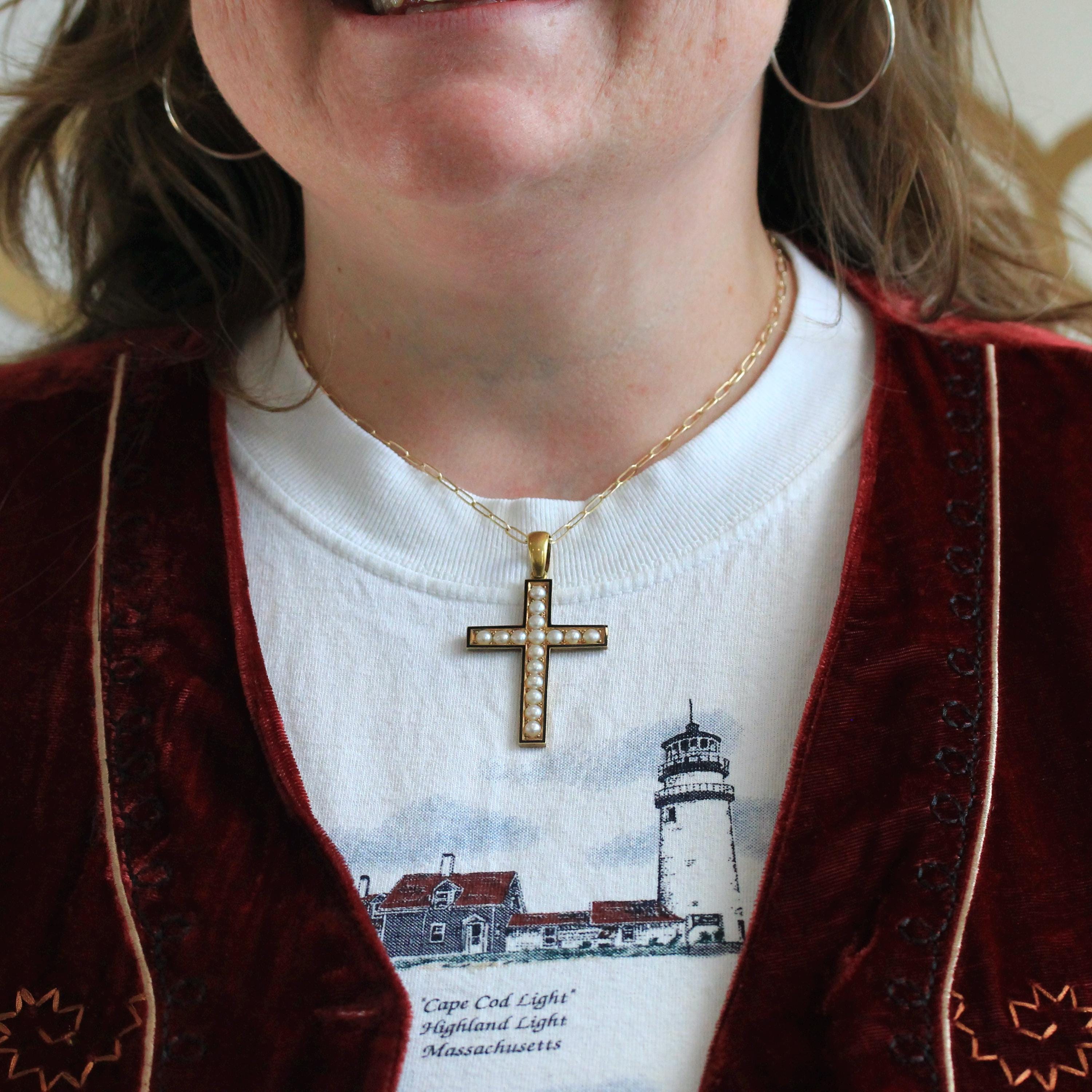 Antique Victorian Cross - Circa 1890s 14k Yellow Gold Seed Pearl & Black Enamel Pendant - Mourning Religious Christianity Cross Fine Jewelry