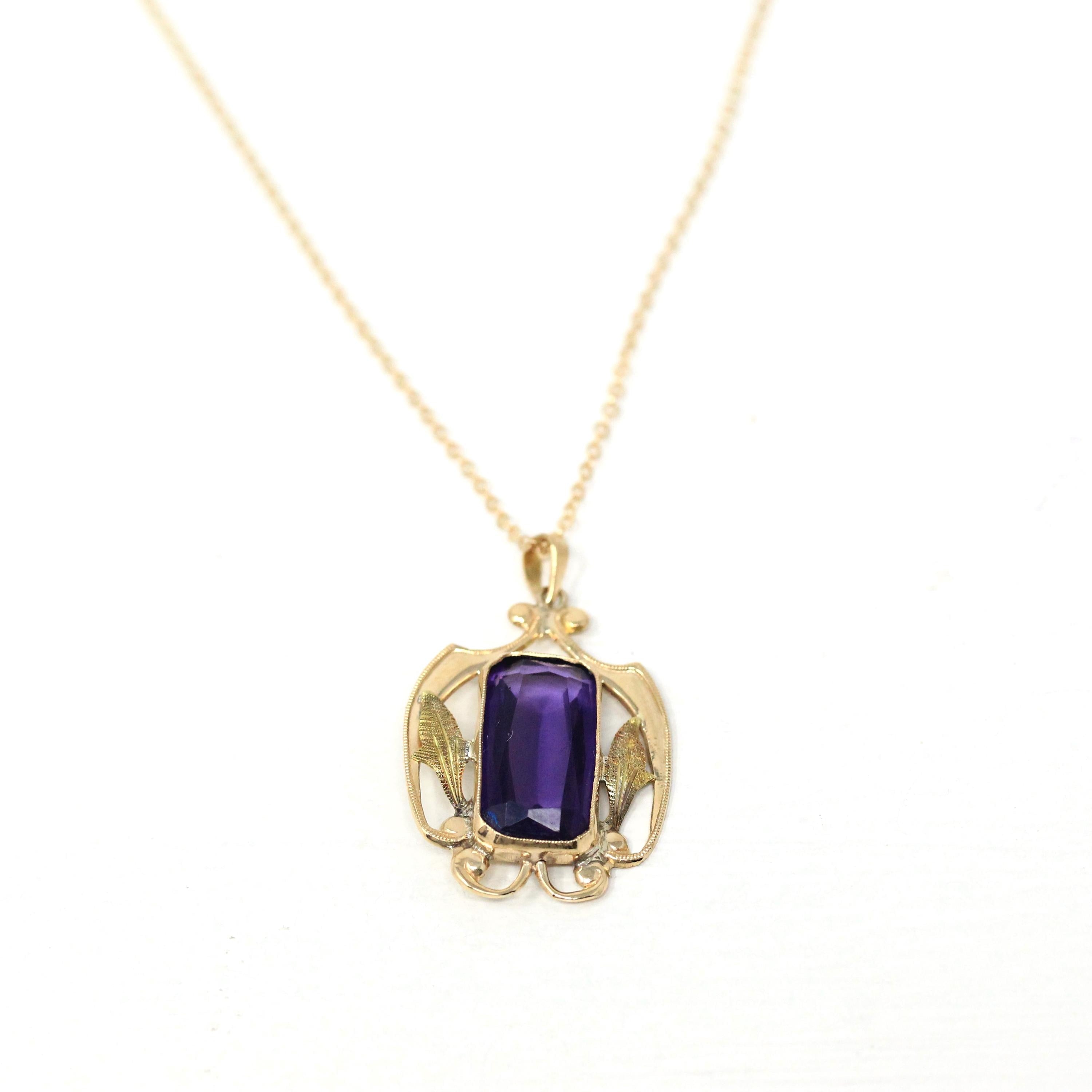 Simulated Amethyst Necklace - Edwardian 10k Yellow Gold Purple Glass Pendant - Art Nouveau Antique Circa 1910s Era Statement Fine Jewelry