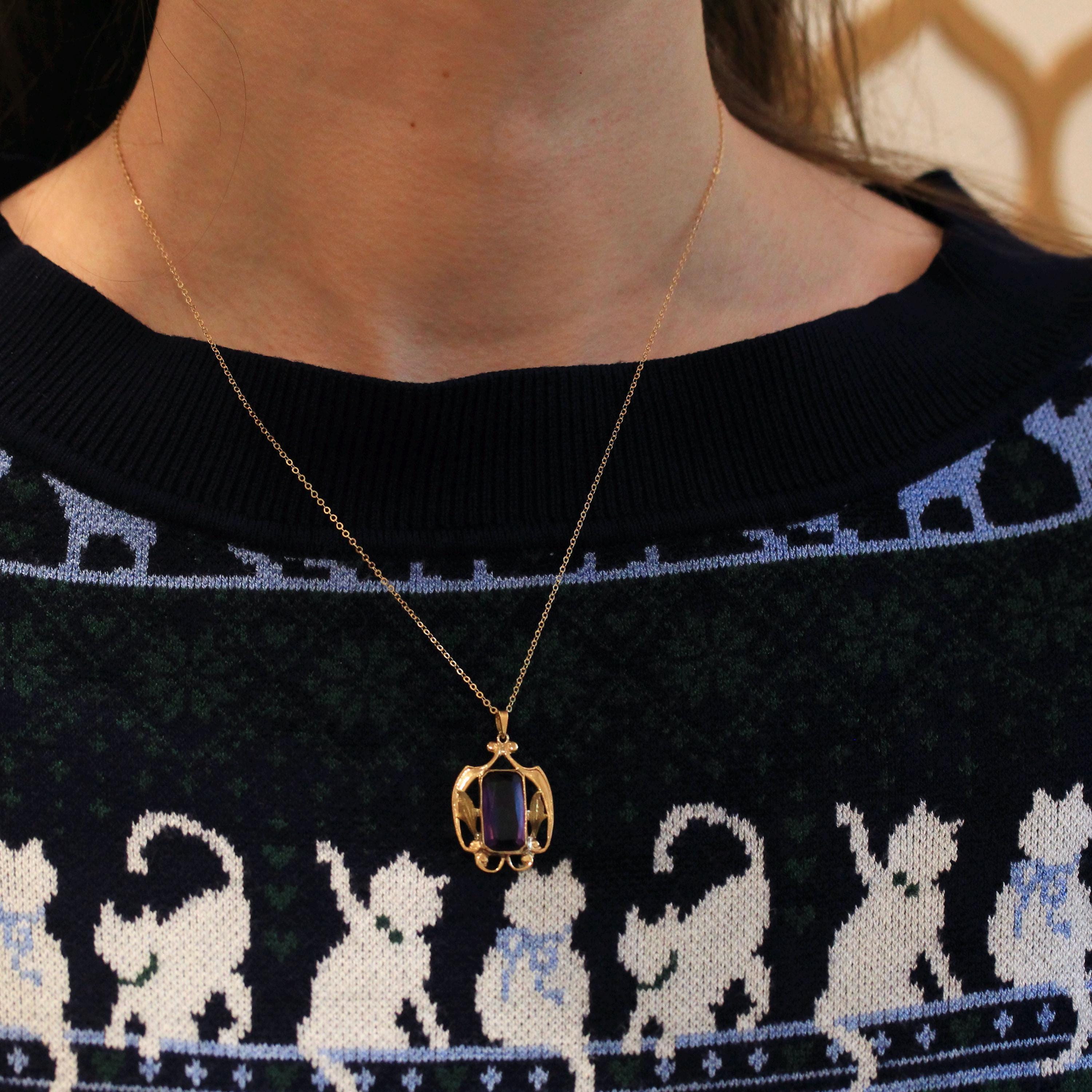 Simulated Amethyst Necklace - Edwardian 10k Yellow Gold Purple Glass Pendant - Art Nouveau Antique Circa 1910s Era Statement Fine Jewelry