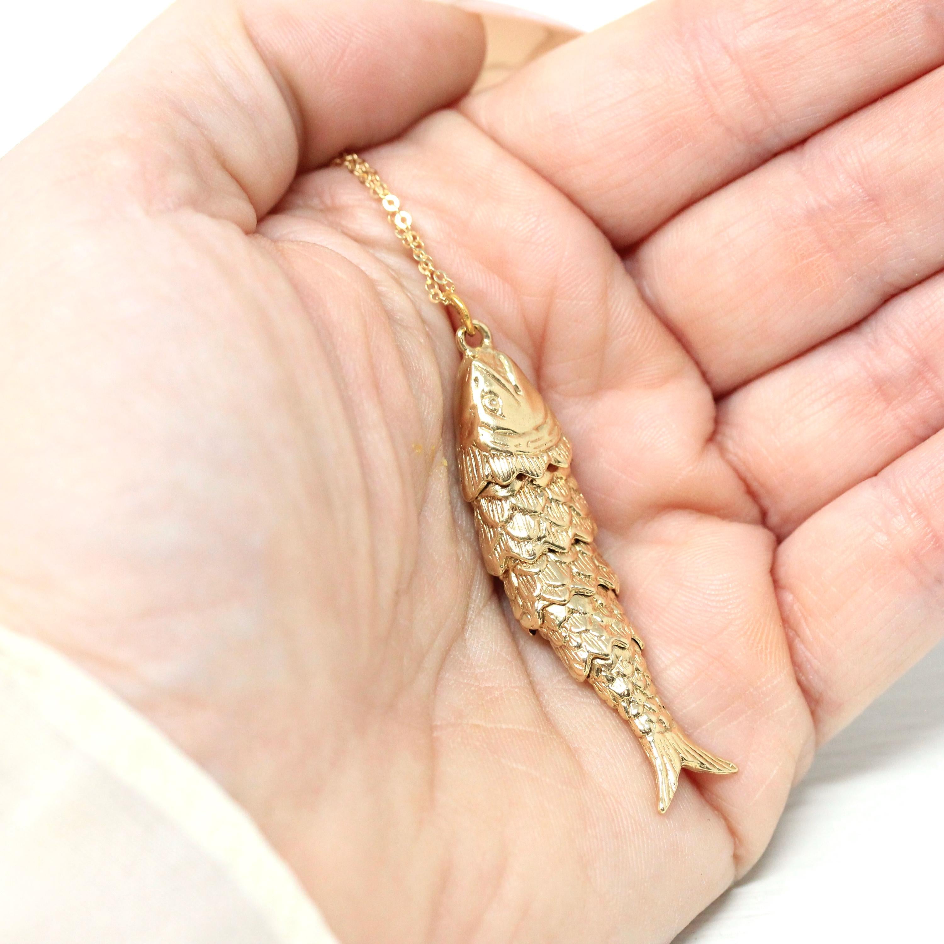 Articulated Fish Pendant - Retro 9k English Yellow Gold Figural Kinetic Charm Necklace - Vintage Circa 1970s Era Moving Animal Fine Jewelry