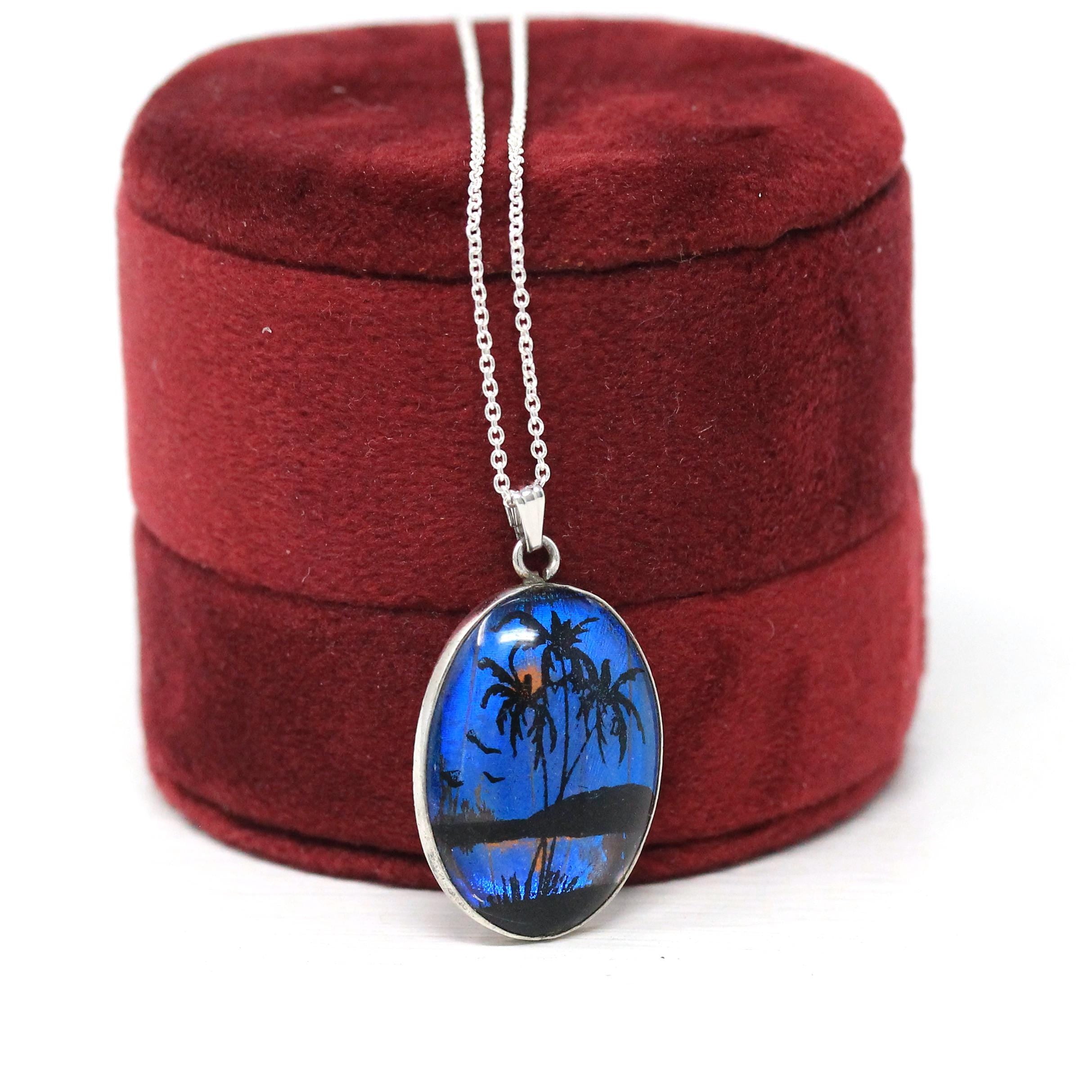 Morpho Butterfly Pendant - Mid Century Sterling Silver Blue Wing Necklace - Vintage Circa 50s Era Tropical Palm Tree Beach Souvenir Jewelry