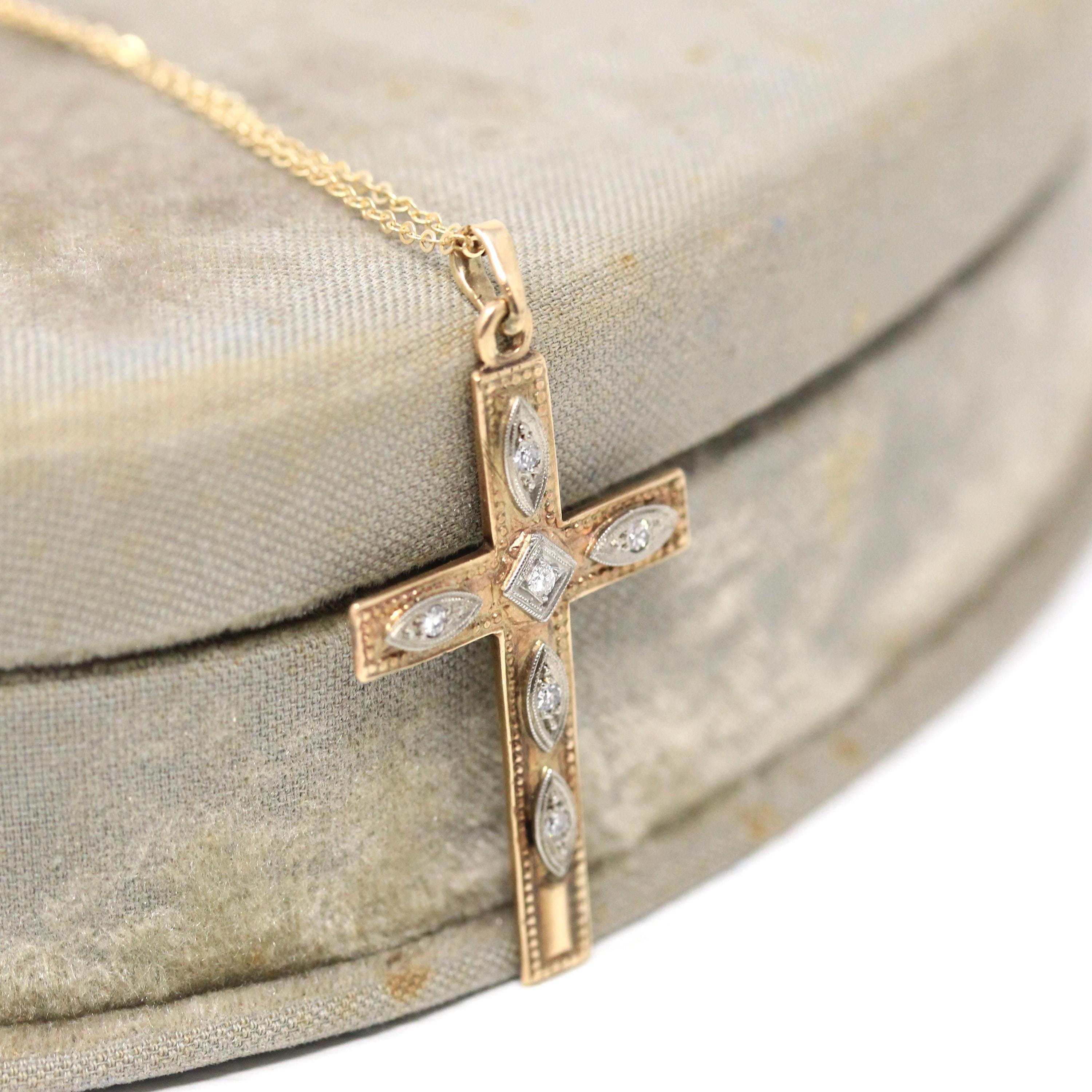 Vintage Cross Necklace - Retro 10k Yellow & White Gold Genuine .07 CTW Diamond Gem Pendant - Circa 1940s Era Religious Faith Fine Jewelry