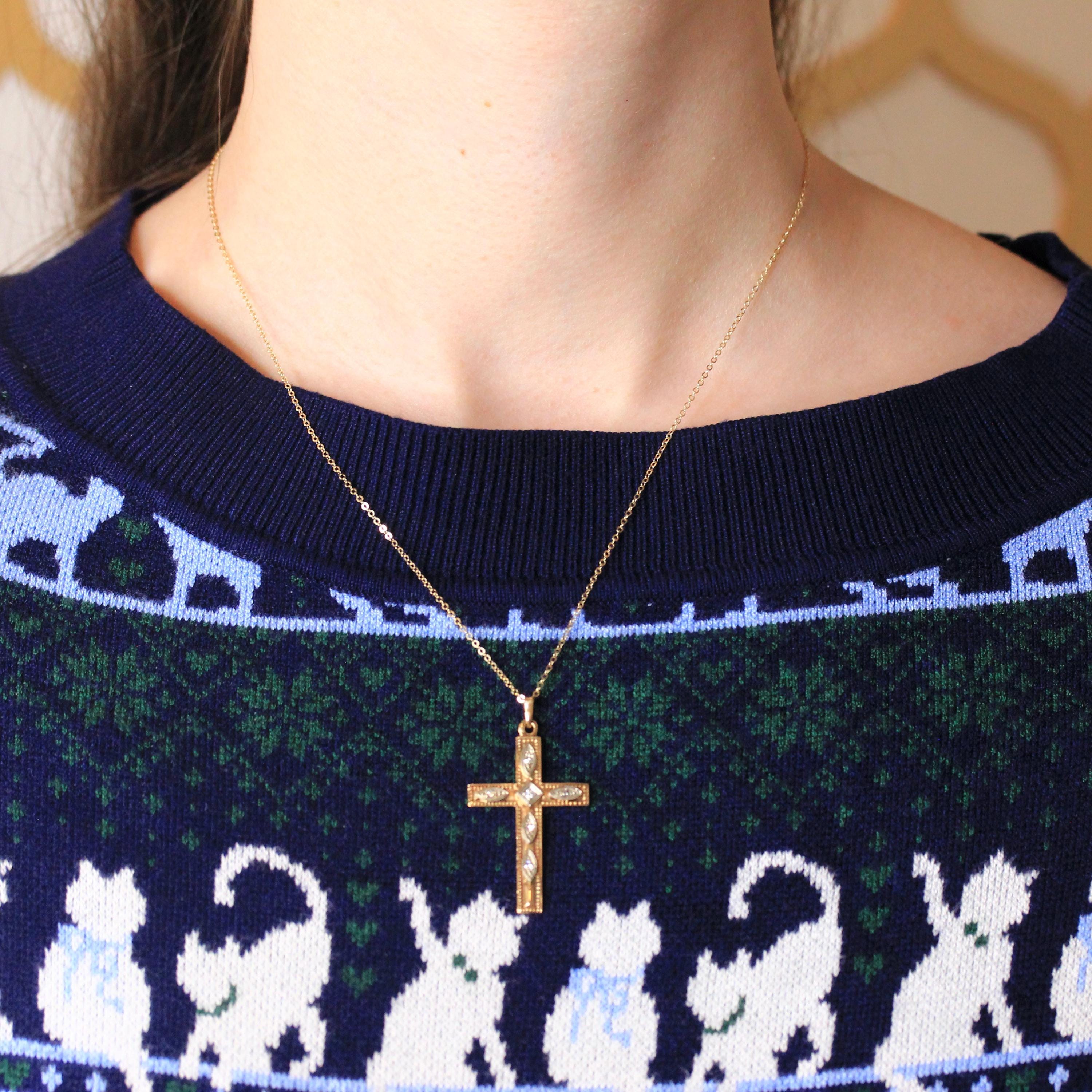 Vintage Cross Necklace - Retro 10k Yellow & White Gold Genuine .07 CTW Diamond Gem Pendant - Circa 1940s Era Religious Faith Fine Jewelry