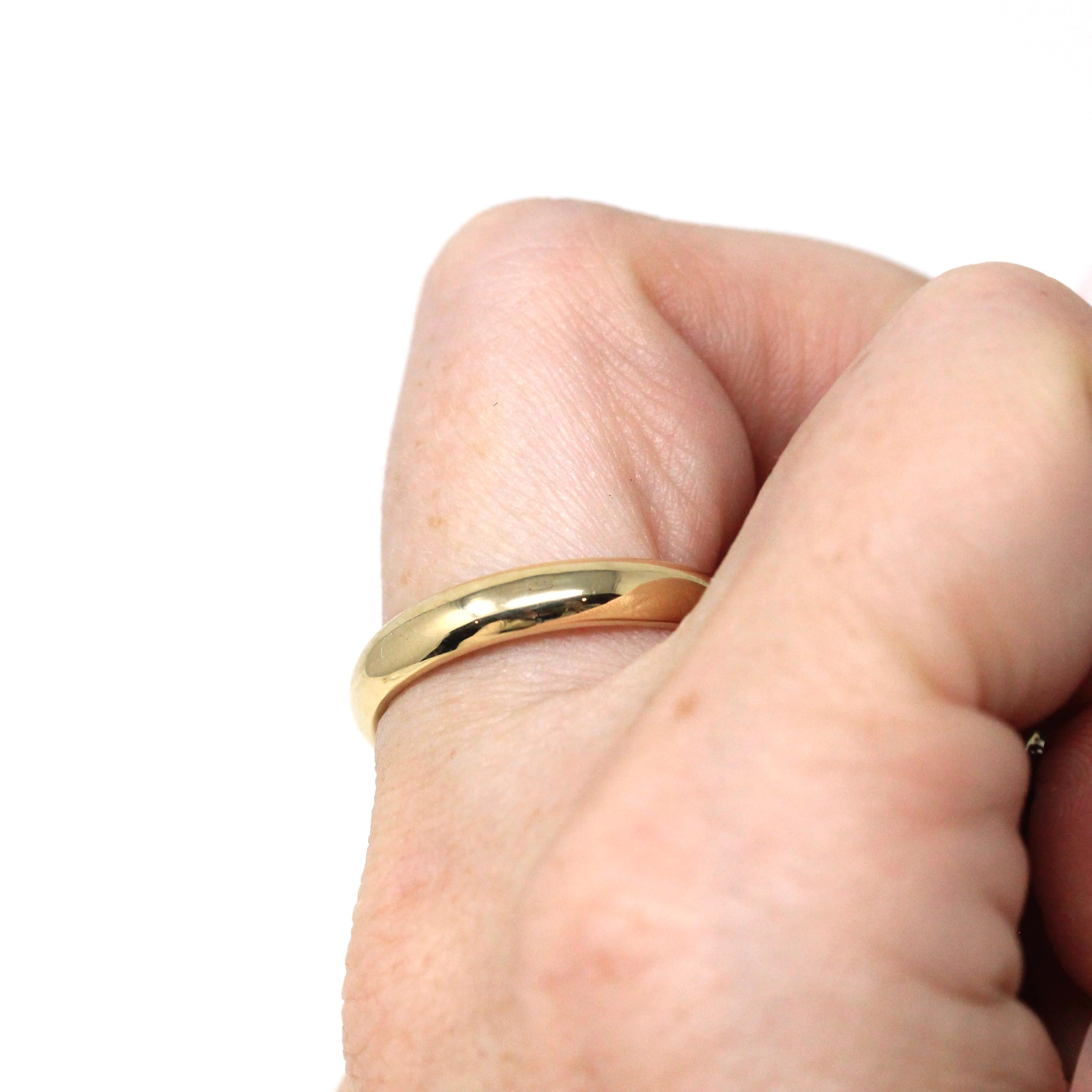 Vintage Wedding Band - Modern Estate Era 14k Yellow Gold Plain Circa 1988 Ring - Size 9 Signed Art Carved J.R. Wood Bridal Fine 80s Jewelry