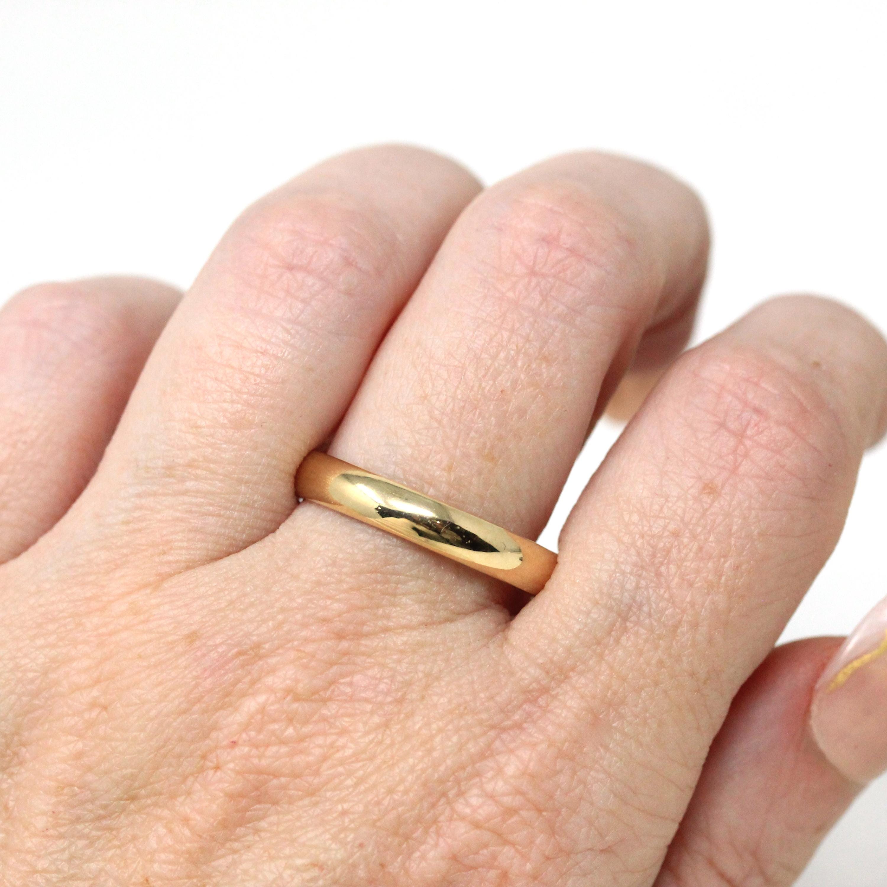 Vintage Wedding Band - Modern Estate Era 14k Yellow Gold Plain Circa 1988 Ring - Size 9 Signed Art Carved J.R. Wood Bridal Fine 80s Jewelry