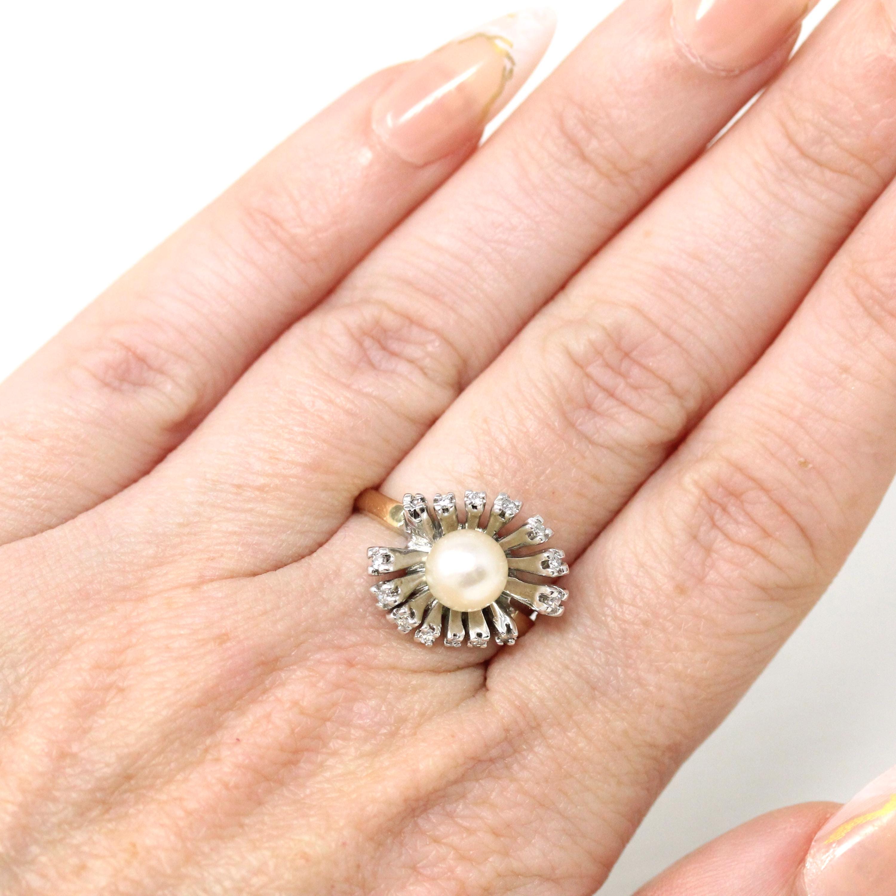 Pearl & Diamond Ring - Retro Era 14k Yellow White Gold Genuine Gemstones Statement - Vintage Circa 1970s Size 5 Spray Statement Fine Jewelry