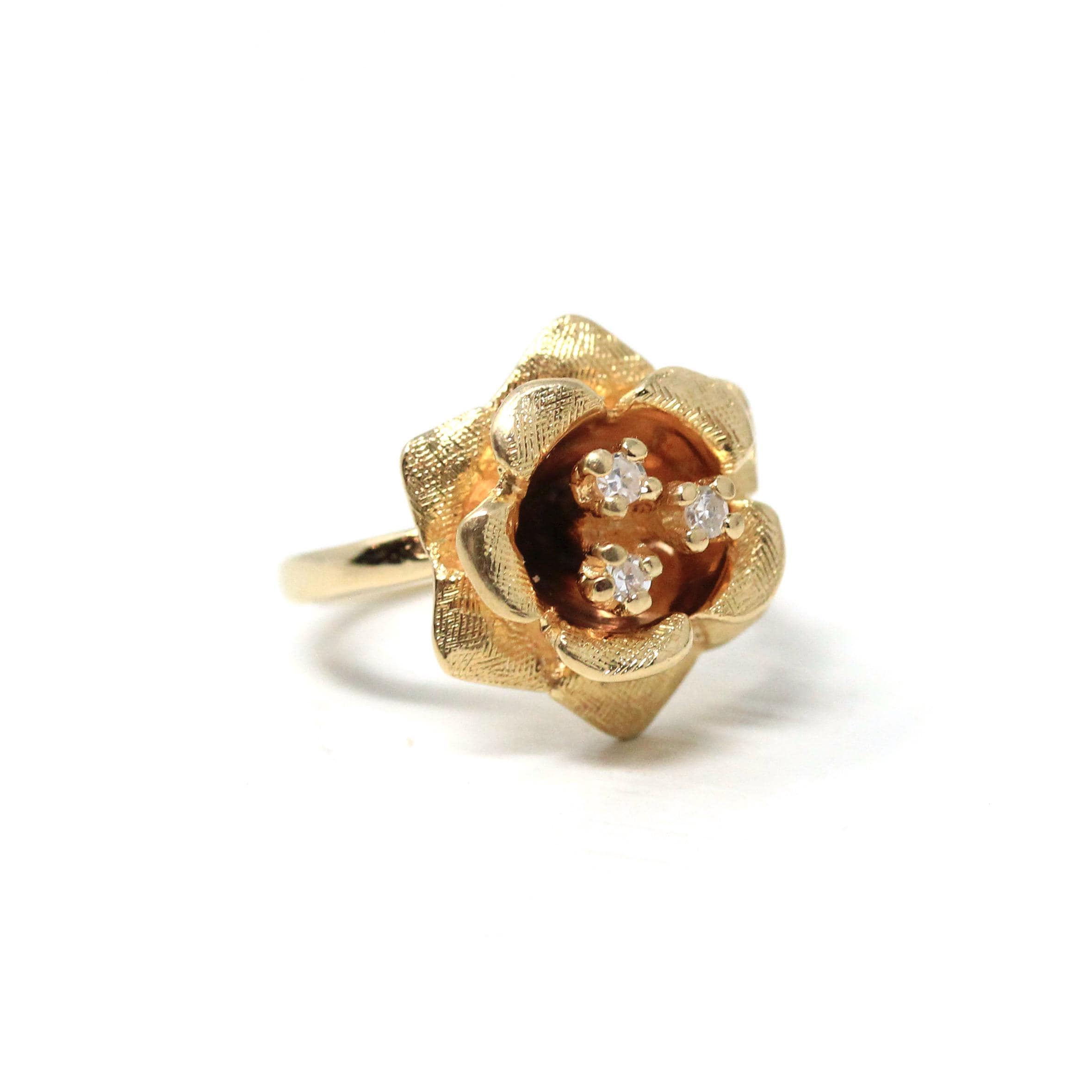 Diamond Flower Ring - Retro 14k Yellow Gold Rose Floral Natural Gemstone - Vintage Circa 1970s Era Size 2 3/4 April Birthstone Fine Jewelry