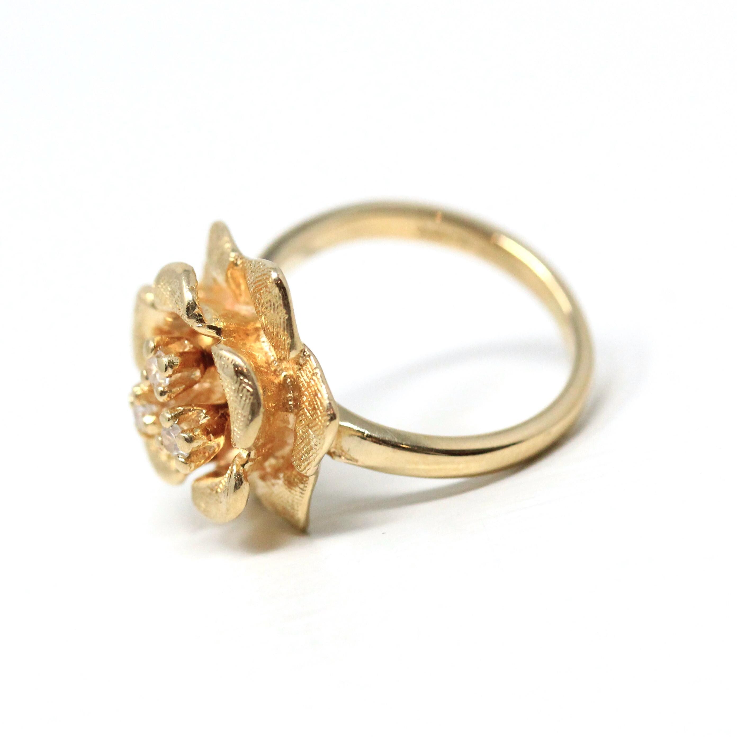 Diamond Flower Ring - Retro 14k Yellow Gold Rose Floral Natural Gemstone - Vintage Circa 1970s Era Size 2 3/4 April Birthstone Fine Jewelry