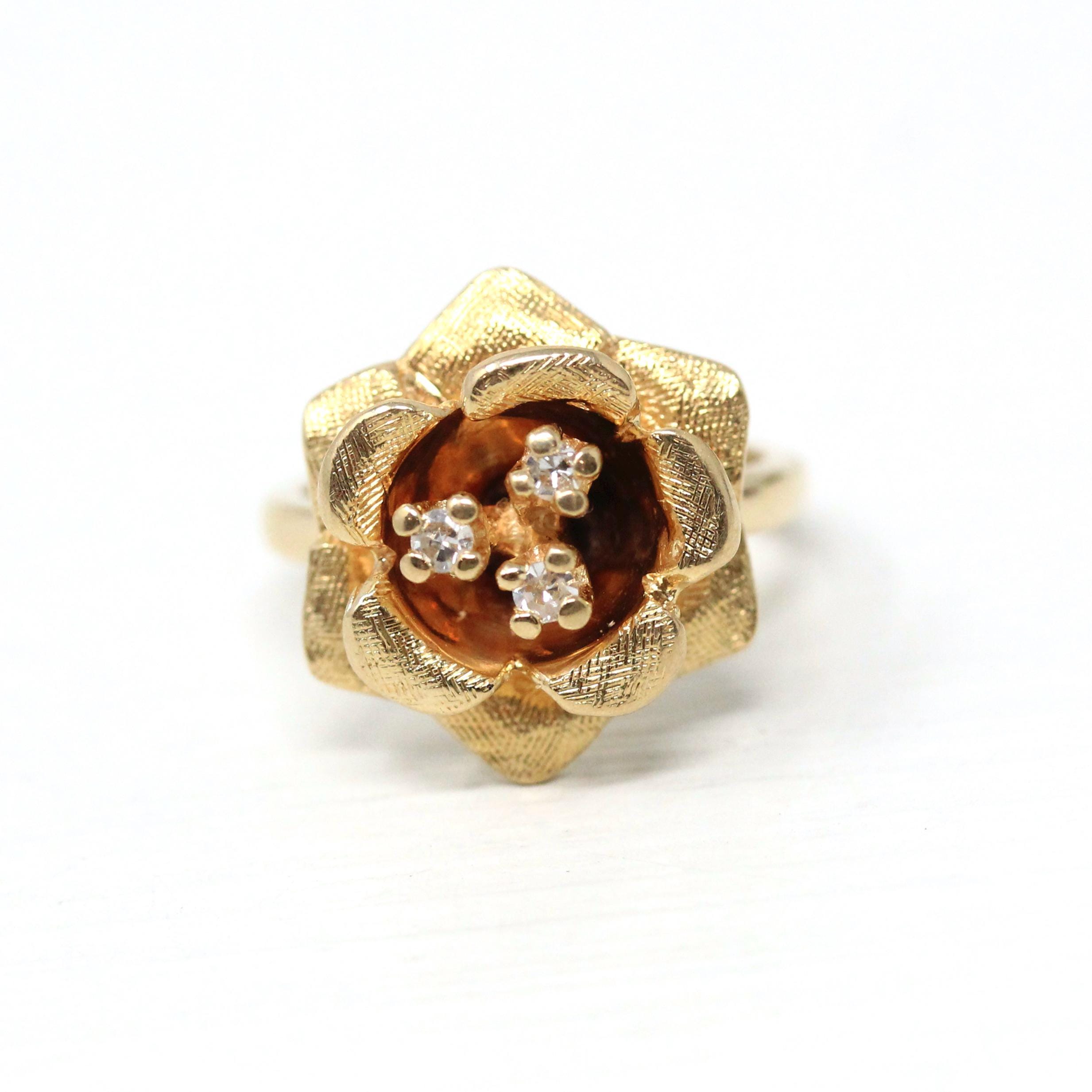 Diamond Flower Ring - Retro 14k Yellow Gold Rose Floral Natural Gemstone - Vintage Circa 1970s Era Size 2 3/4 April Birthstone Fine Jewelry