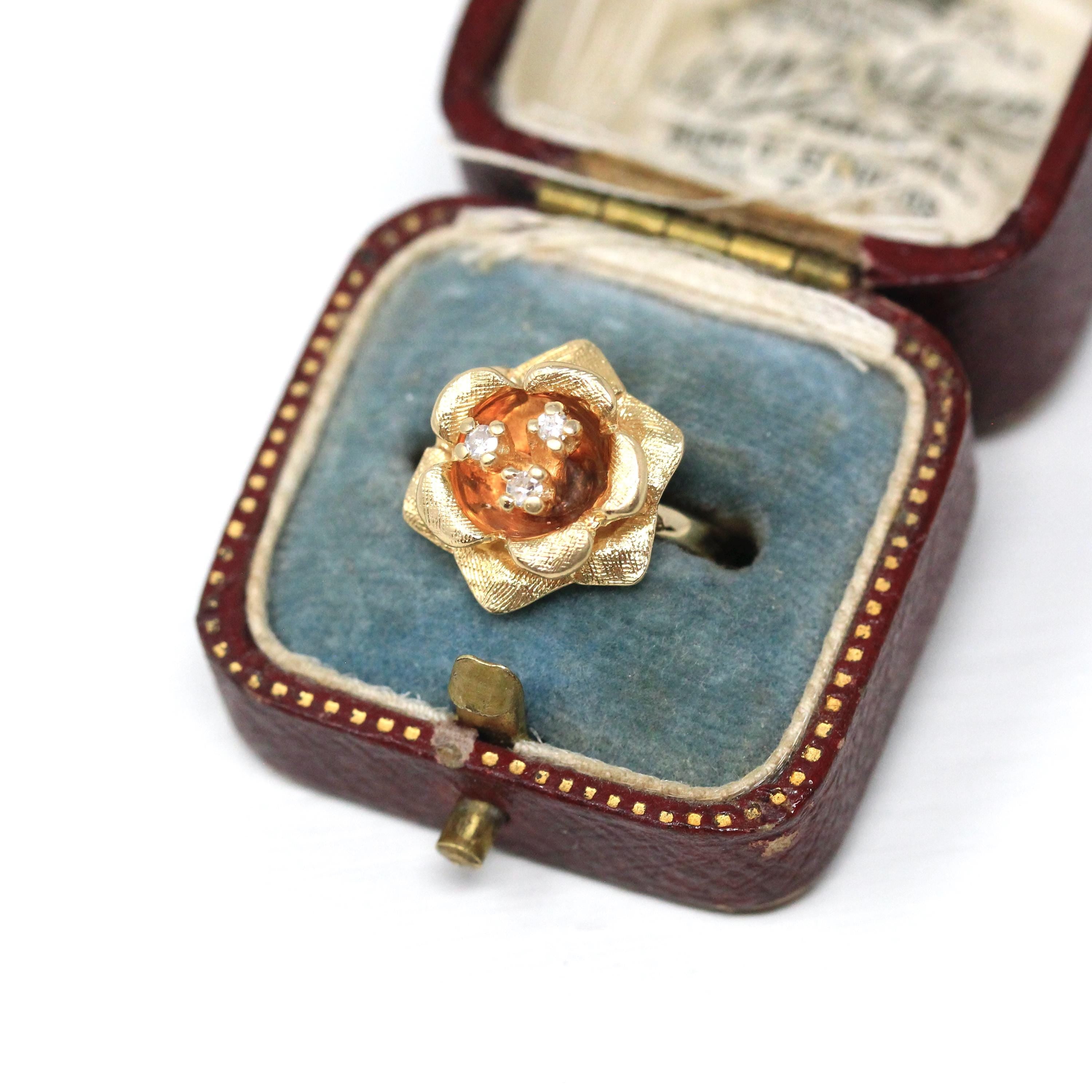 Diamond Flower Ring - Retro 14k Yellow Gold Rose Floral Natural Gemstone - Vintage Circa 1970s Era Size 2 3/4 April Birthstone Fine Jewelry