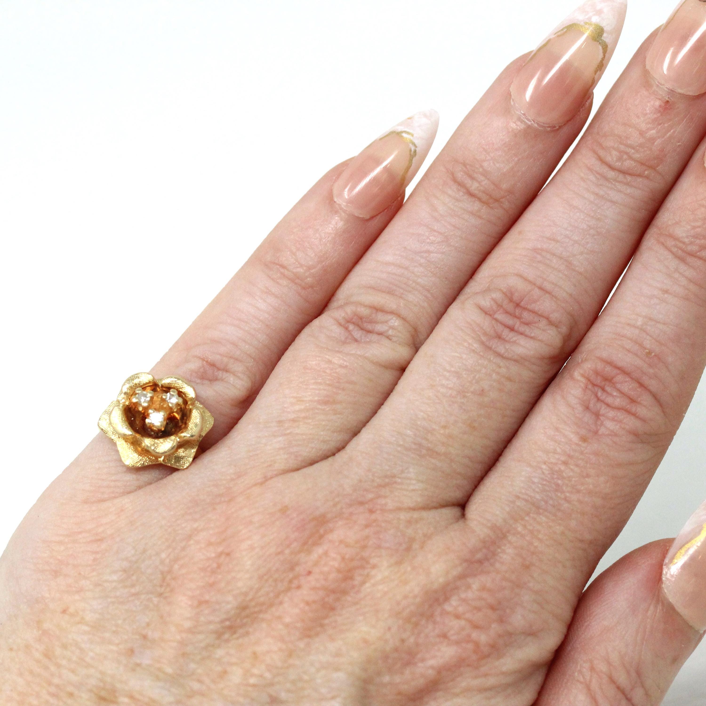Diamond Flower Ring - Retro 14k Yellow Gold Rose Floral Natural Gemstone - Vintage Circa 1970s Era Size 2 3/4 April Birthstone Fine Jewelry