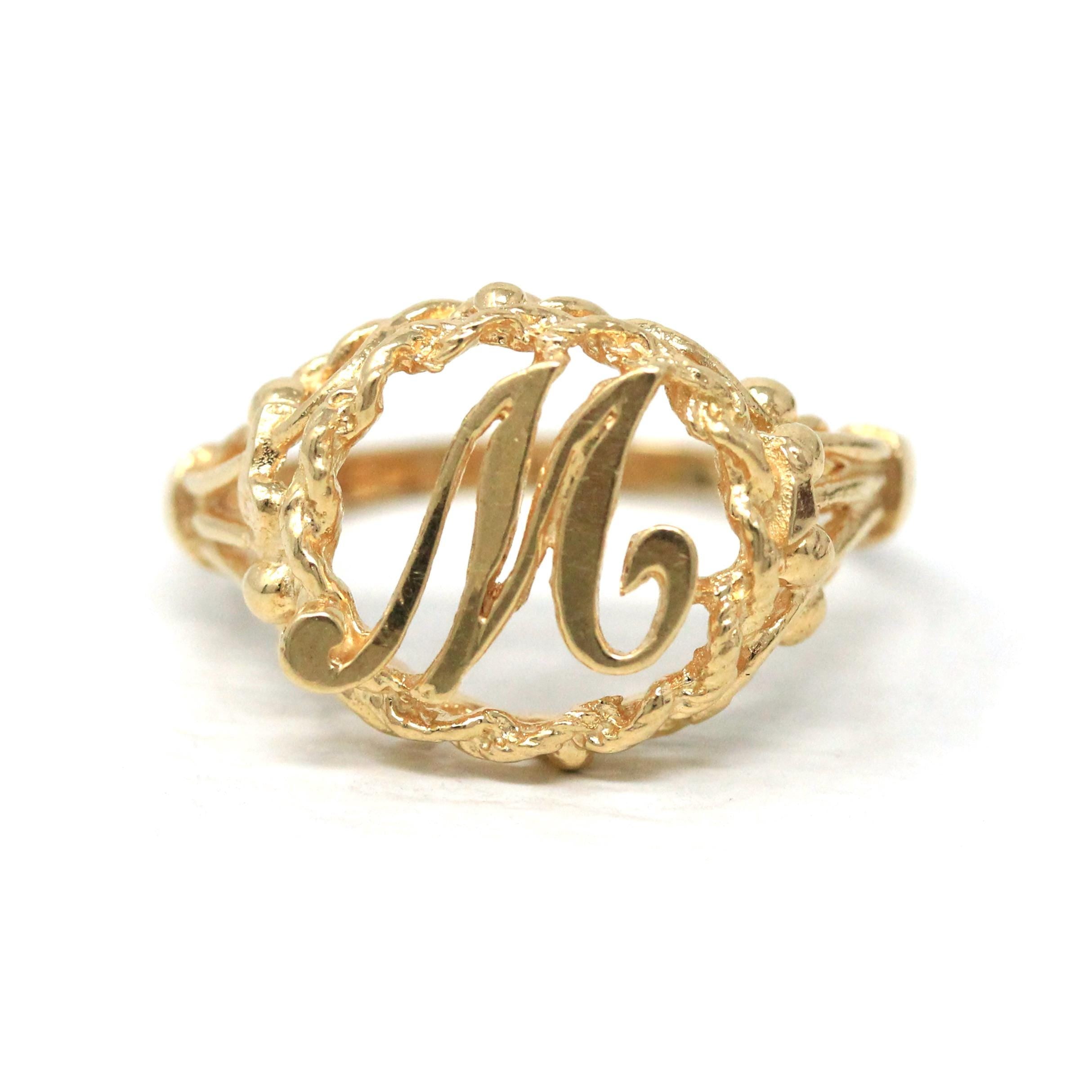 Letter "M" Ring - Estate 14k Yellow Gold Single Initial Twisted Rope Design - Vintage Circa 1990s Era Size 5 3/4 Statement 90s Fine Jewelry