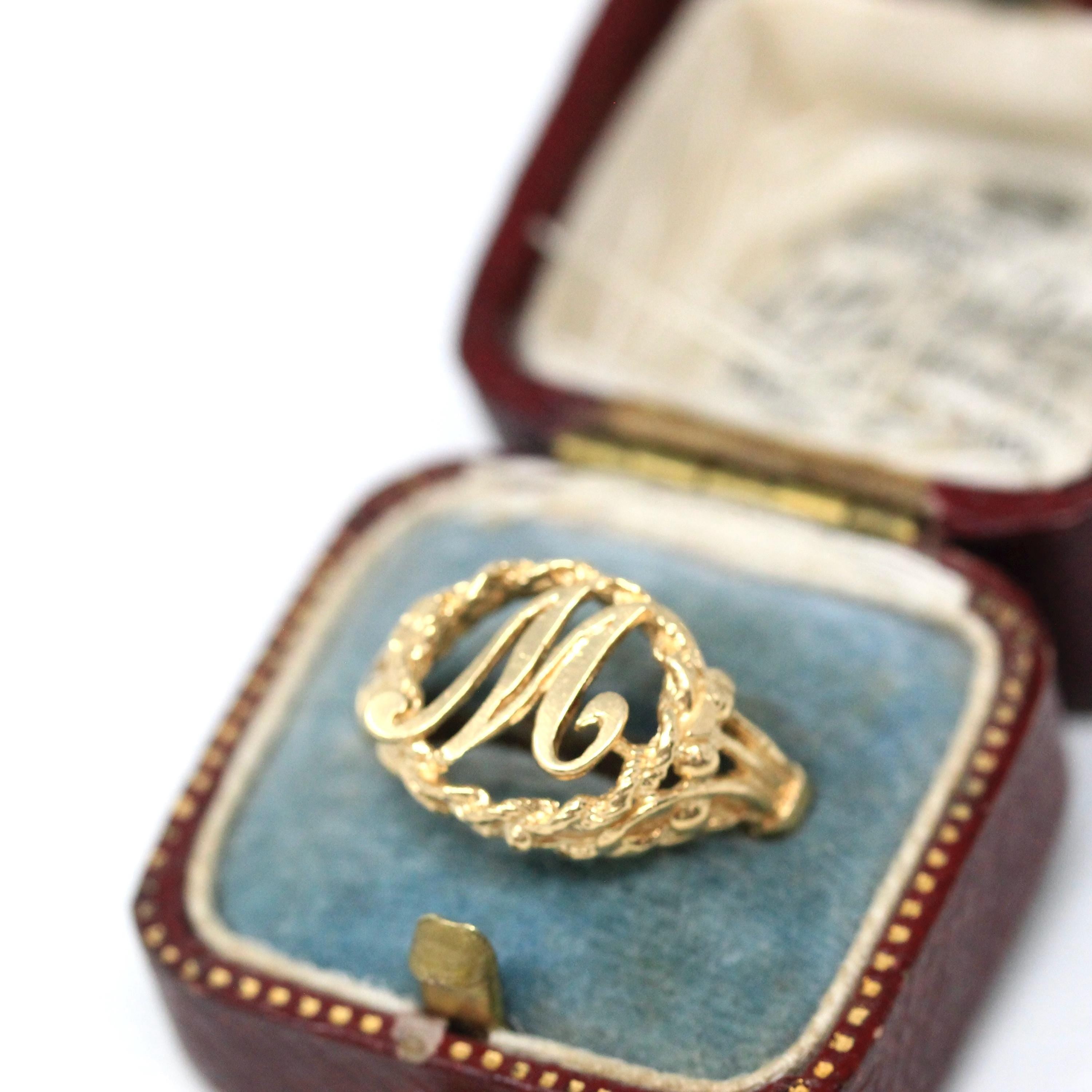 Letter "M" Ring - Estate 14k Yellow Gold Single Initial Twisted Rope Design - Vintage Circa 1990s Era Size 5 3/4 Statement 90s Fine Jewelry